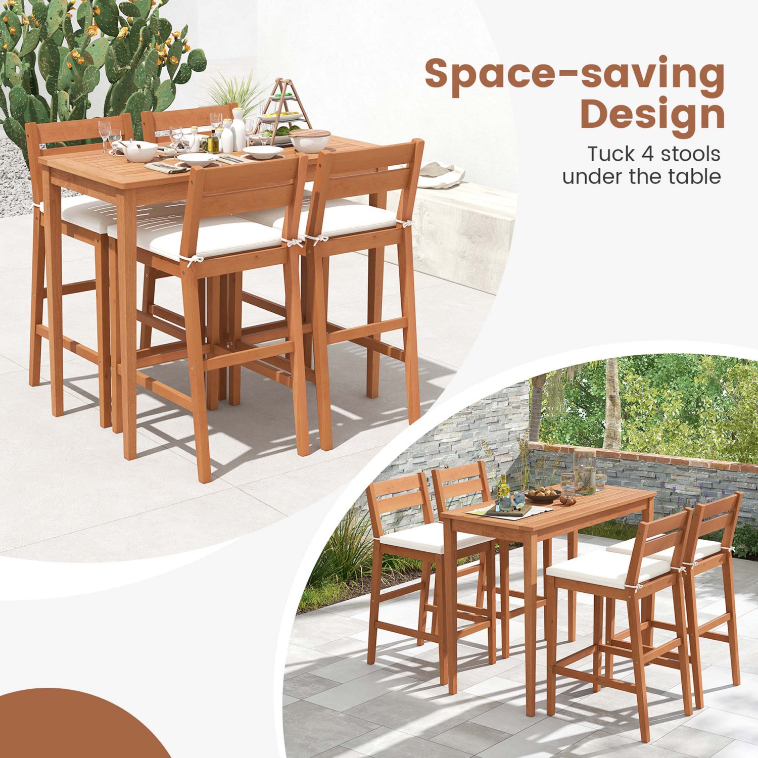 Costway 5 PCS Patio Eucalyptus Wood Bar Set Bar Height Dining Table & 4 Cushioned Chairs