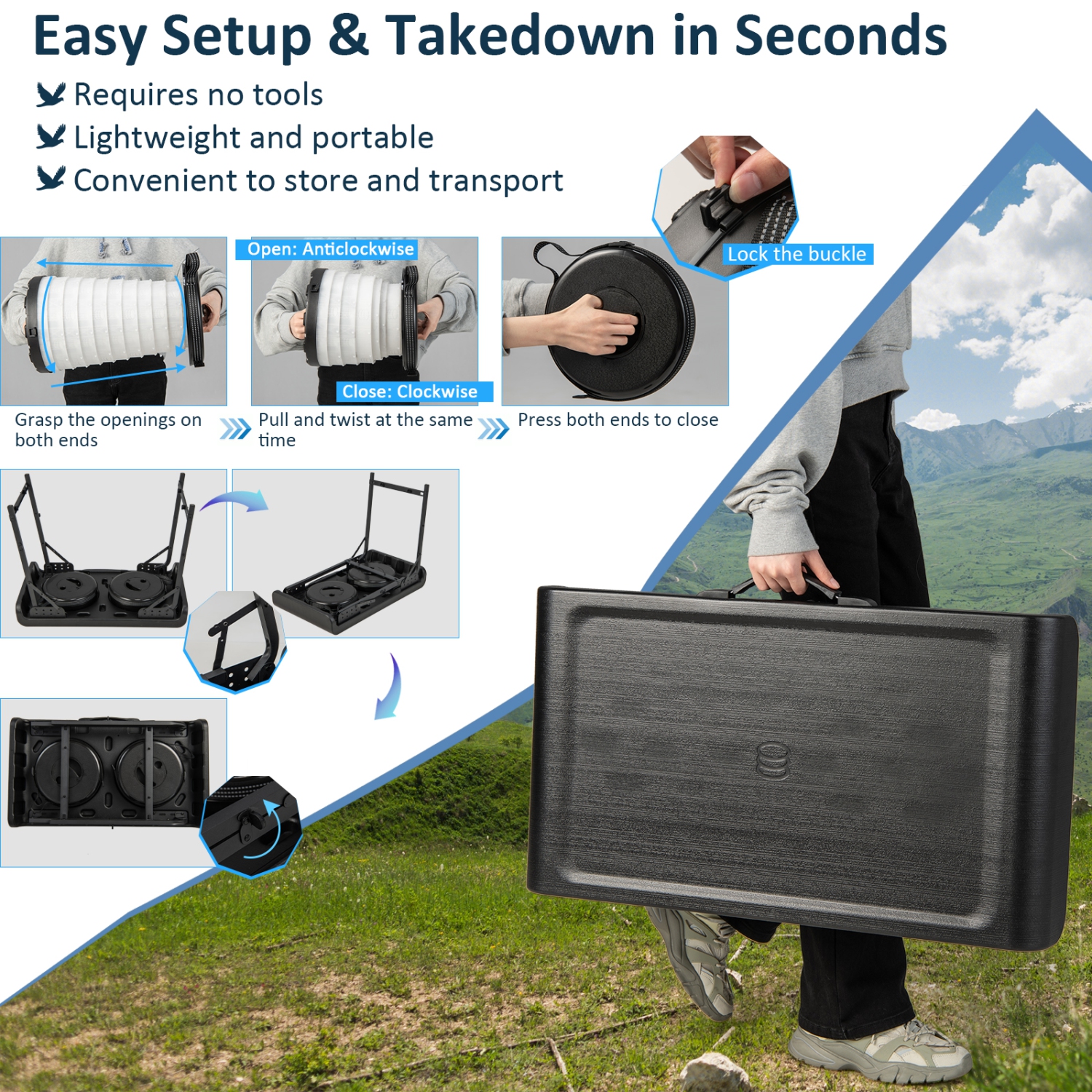 Ensemble de 3 tabourets pliables de Costway avec table de camping et 2 tabourets à DEL rétractables