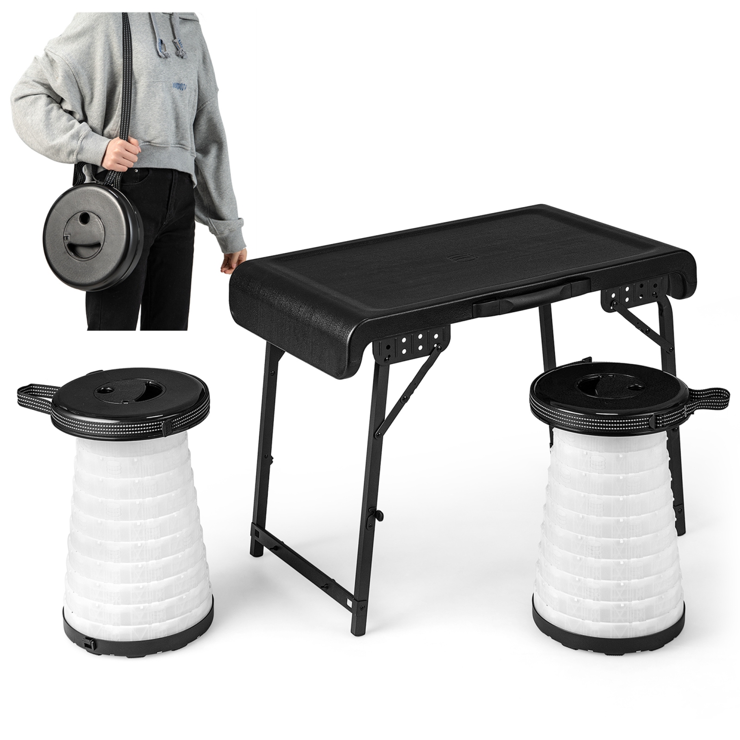 Ensemble de 3 tabourets pliables de Costway avec table de camping et 2 tabourets à DEL rétractables