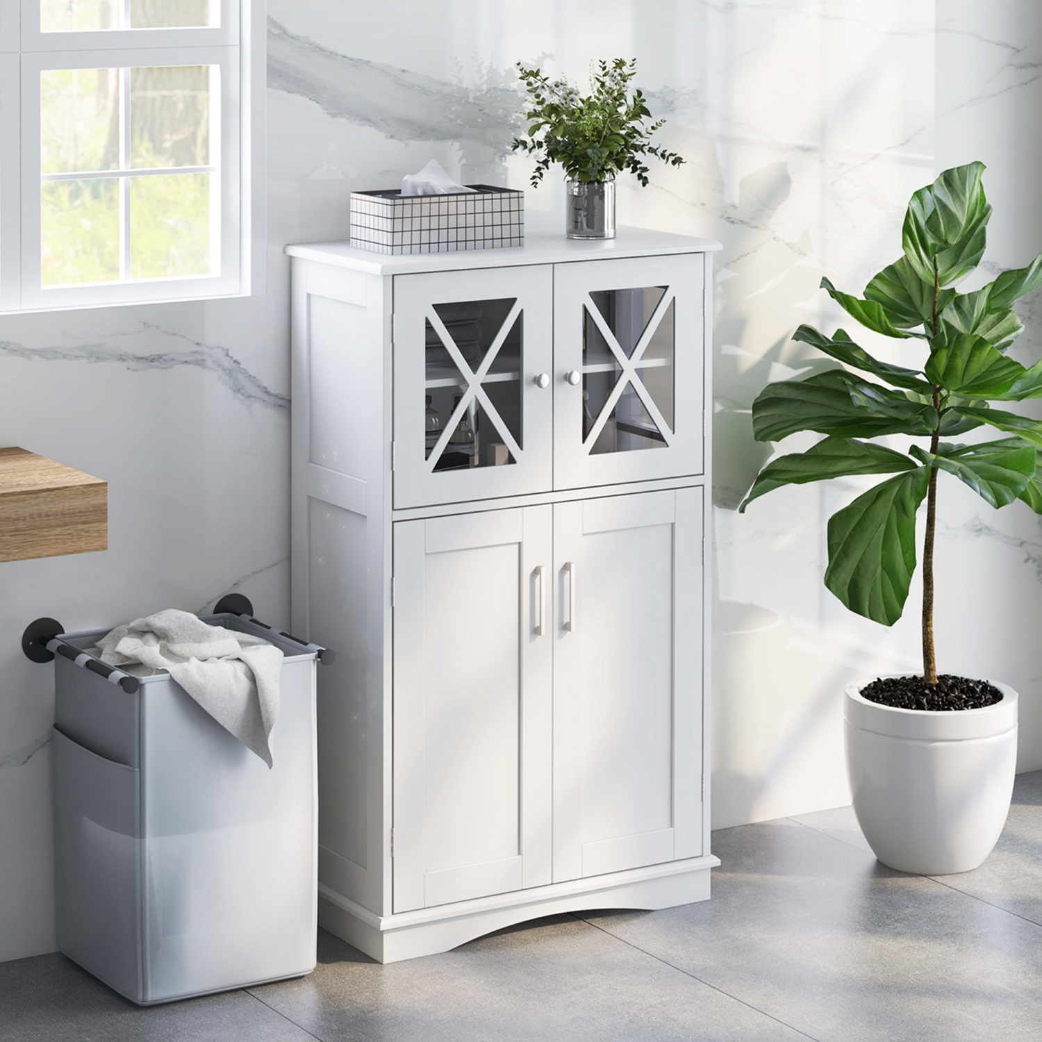 Costway Bathroom Storage Cabinet Linen Storage Cabinet with Doors and Adjustable Shelves