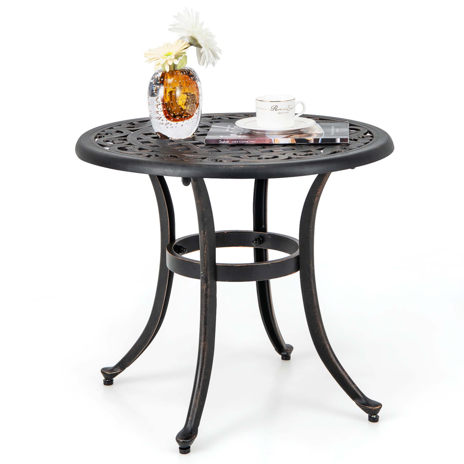 Costway 24" Patio Side Table with Adjustable Footpads Round Cast Aluminum End Table