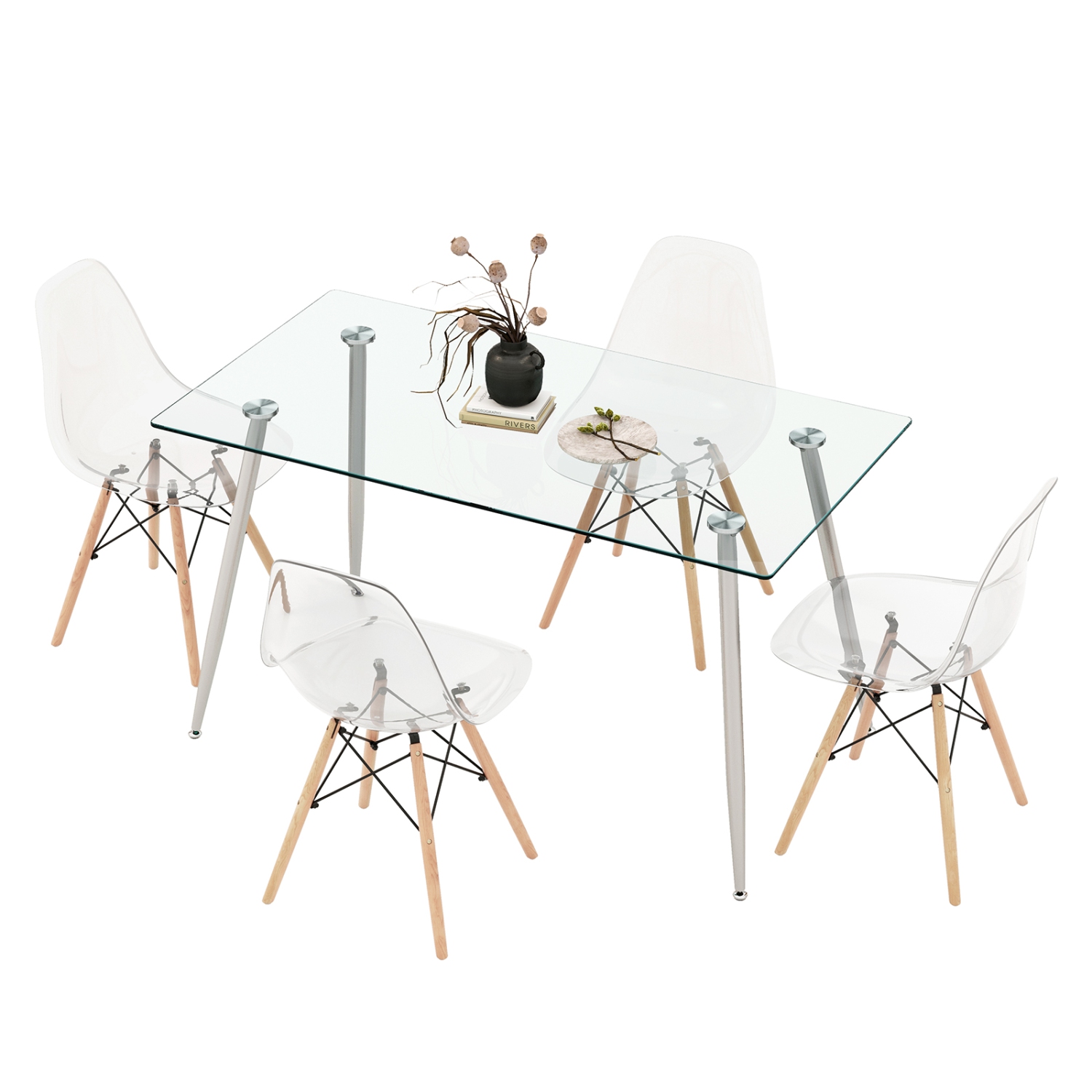 Costway 5 PCS Dining Table Set 51" Modern Rectangular Glass Table & 4 Chairs Kitchen