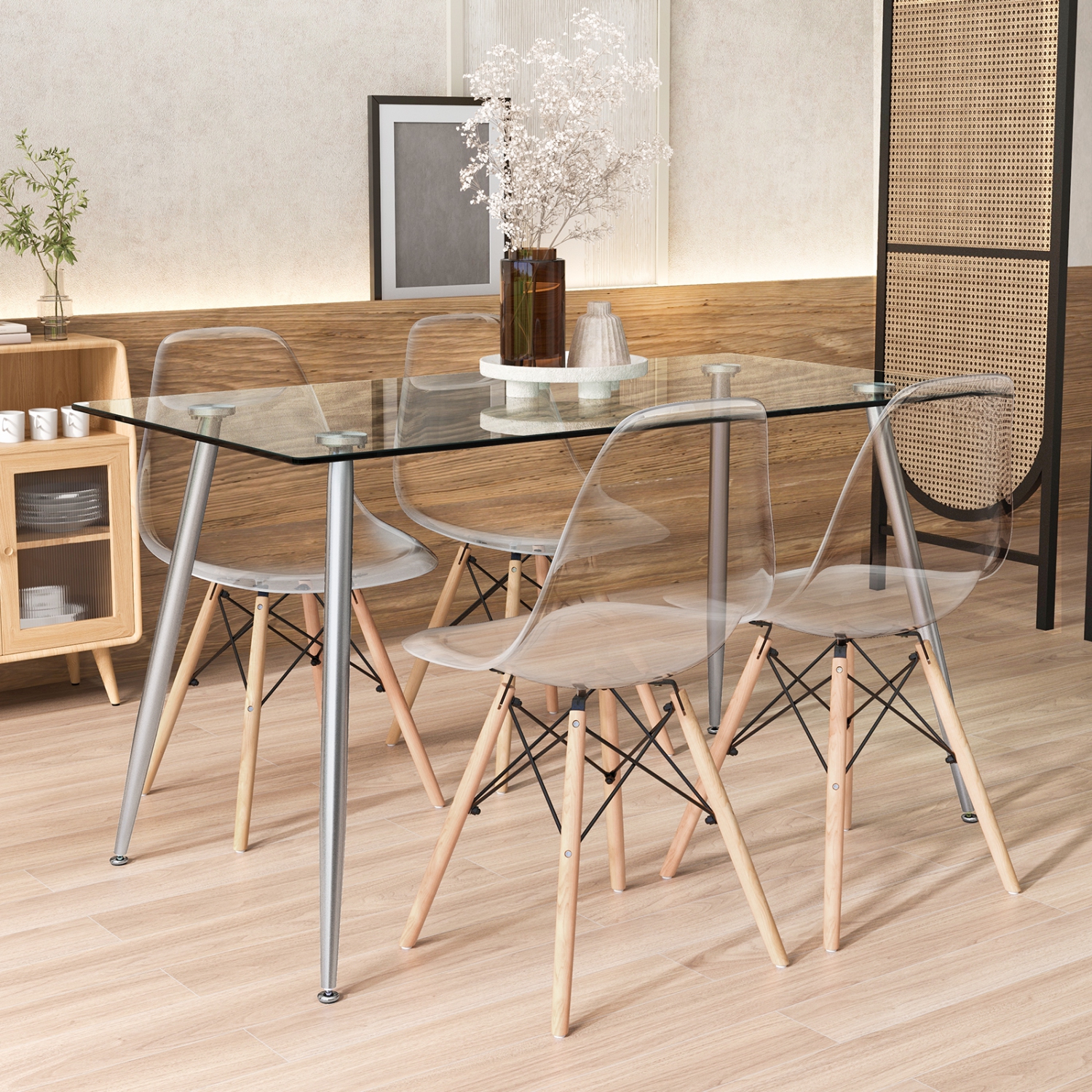 Costway 5 PCS Dining Table Set 51" Modern Rectangular Glass Table & 4 Chairs Kitchen