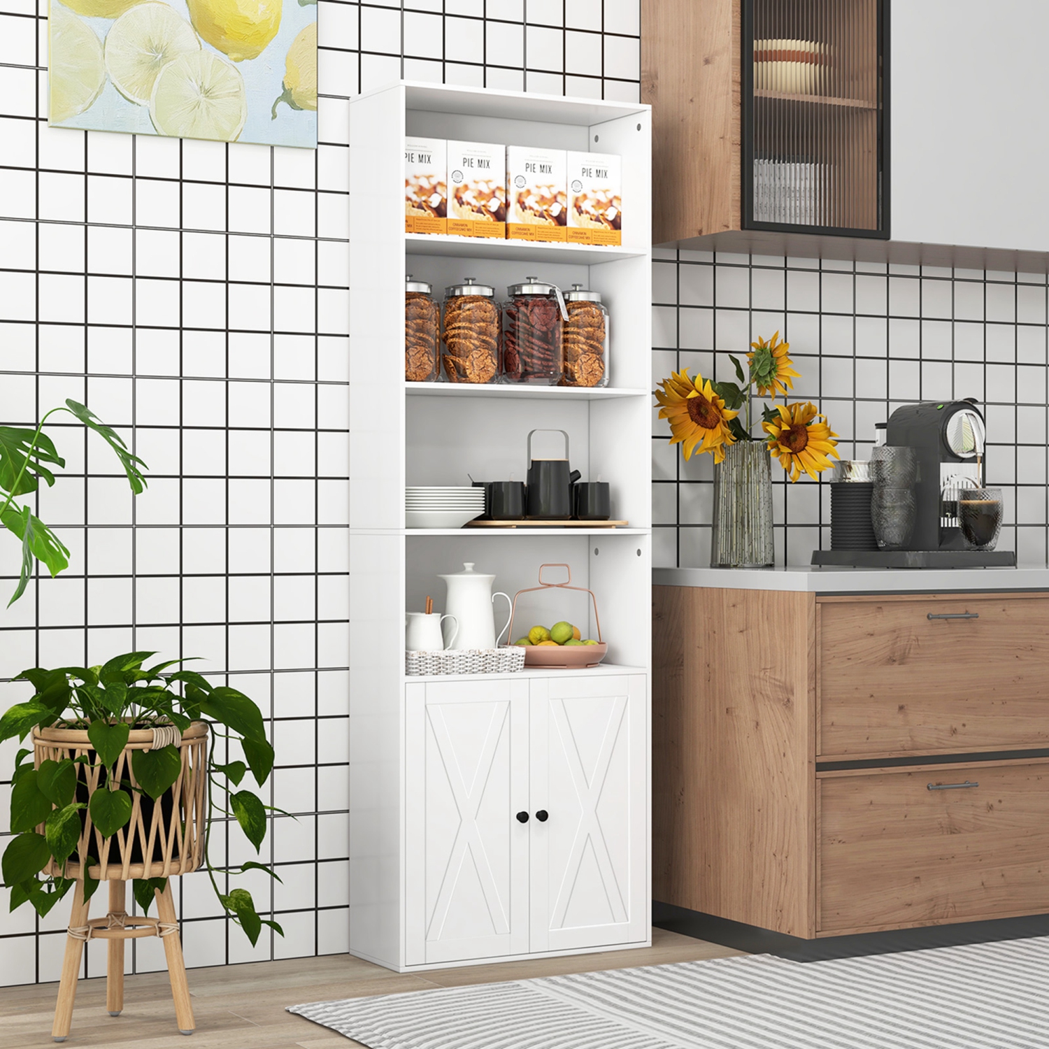 Bibliothèque champêtre de 71 po avec portes, 6 tablettes et armoire à 2 portes de Costway pour chambre blanche