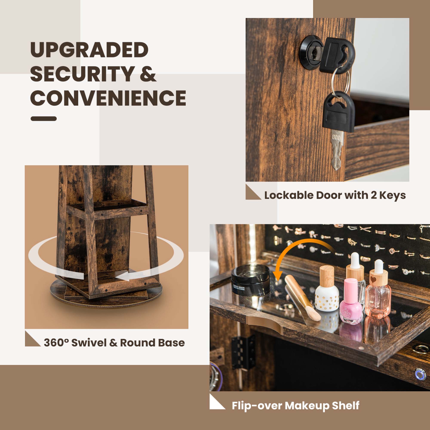 Meuble à bijoux pivotant à 360° avec rangement à 3 couleurs et&nbsp;éclairage intégré de Costway