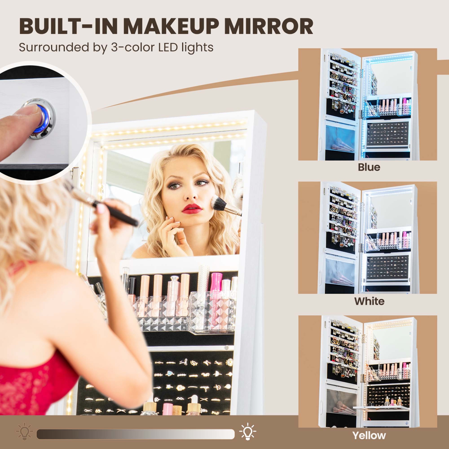 Meuble à bijoux pivotant à 360° avec rangement à 3 couleurs et&nbsp;éclairage intégré de Costway