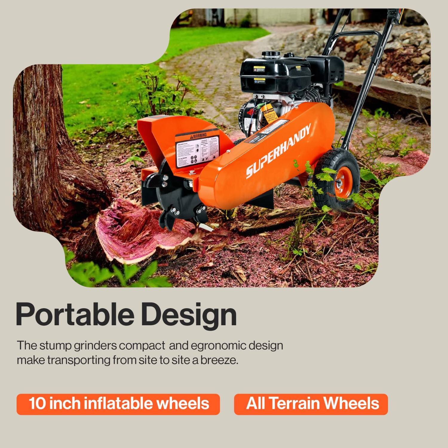 SuperHandy Gas Stump Grinder 9HP Engine - Direct Belt Drive, 12-inch Cutting Performance, 6 Carbide Teeth - Compact & Lightweight