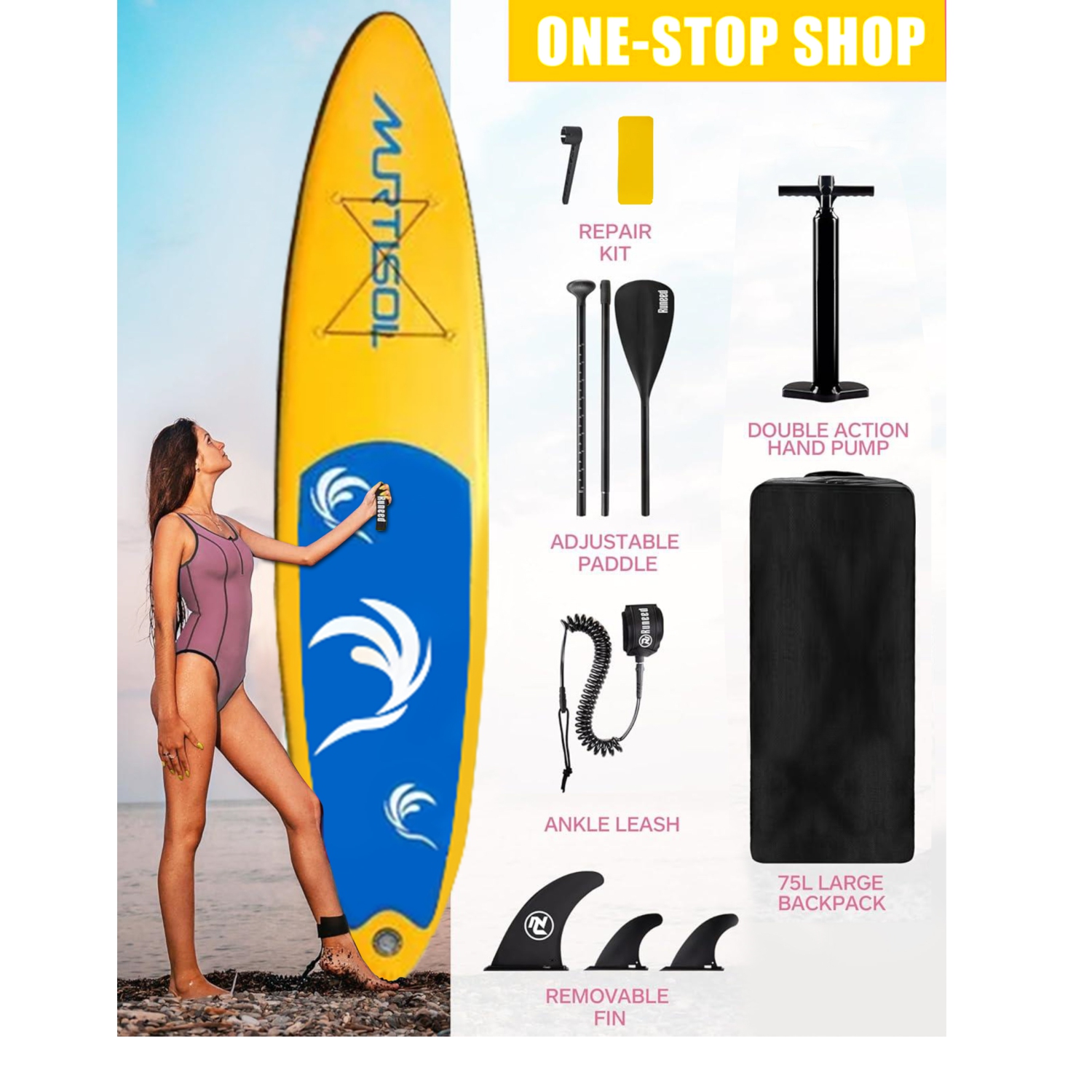 11FT Inflatable Stand up Paddle Board Ultra-Thick Durable PVC w/Premium SUP Accessories & Carry Bag |upgraded paddle boards w/ 3 Fish Fin for