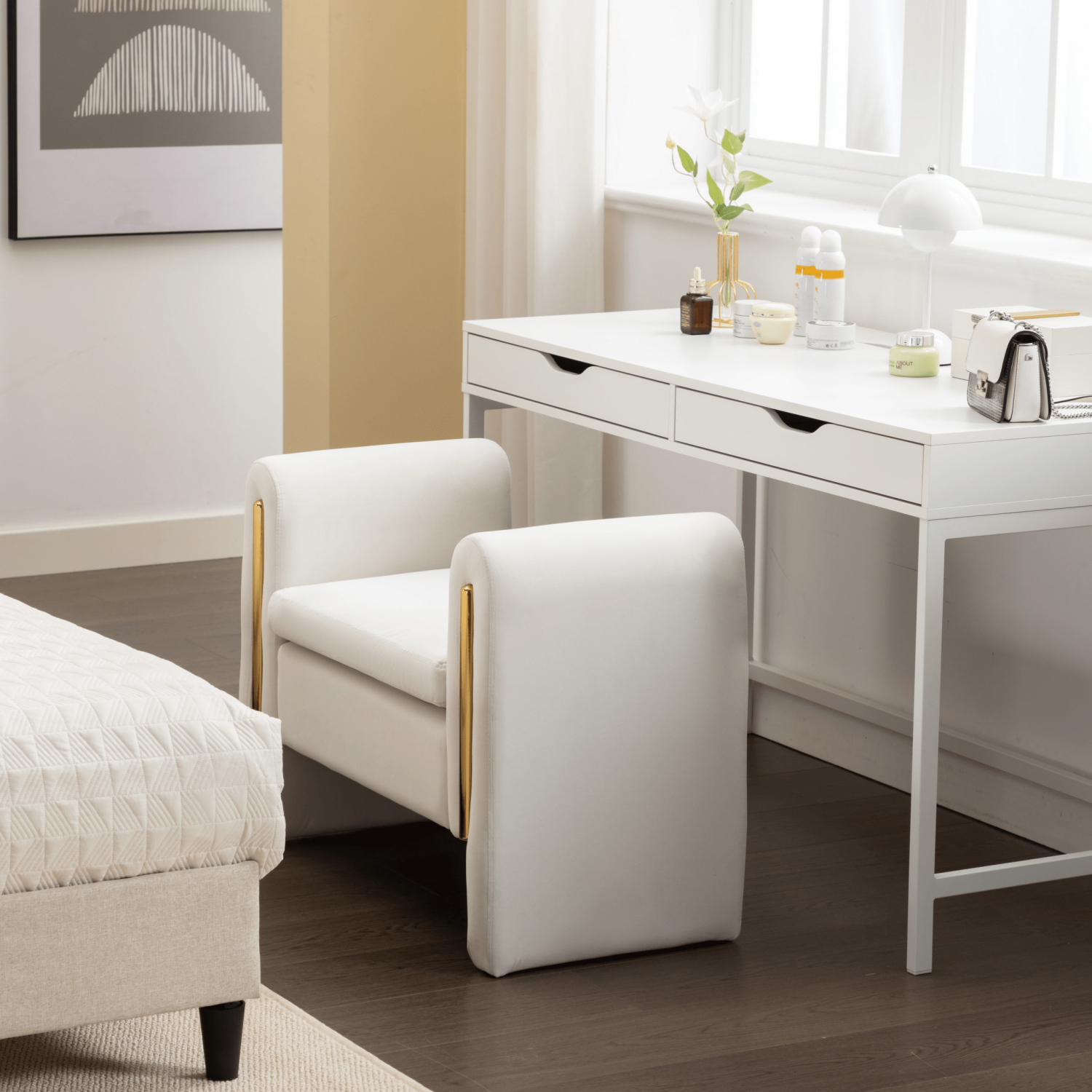 KOSSMAI 33" Velvet Fabric Bench Ottoman For Living Room Entry Bedroom - Ivory