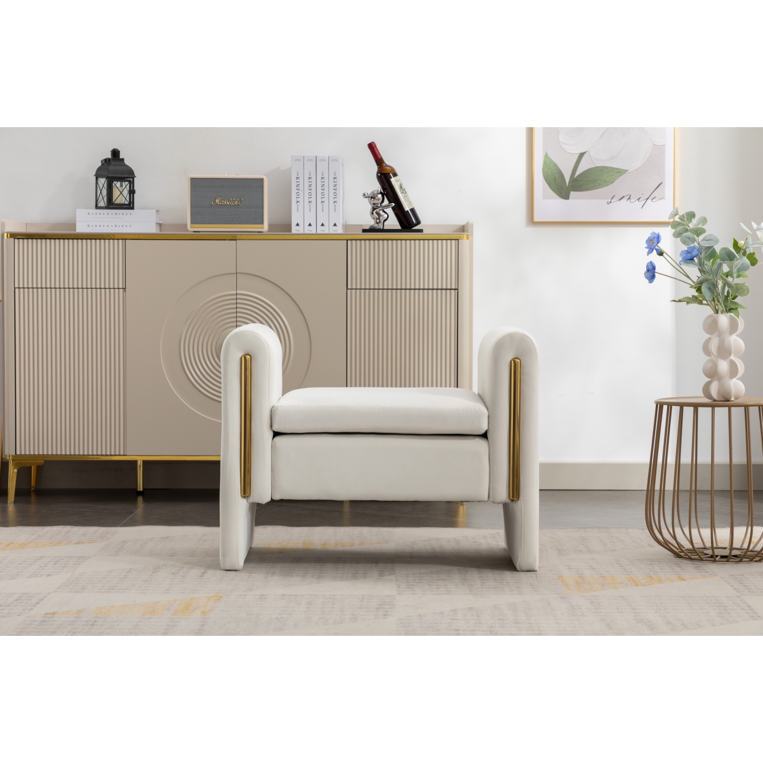 KOSSMAI 33" Velvet Fabric Bench Ottoman For Living Room Entry Bedroom - Ivory