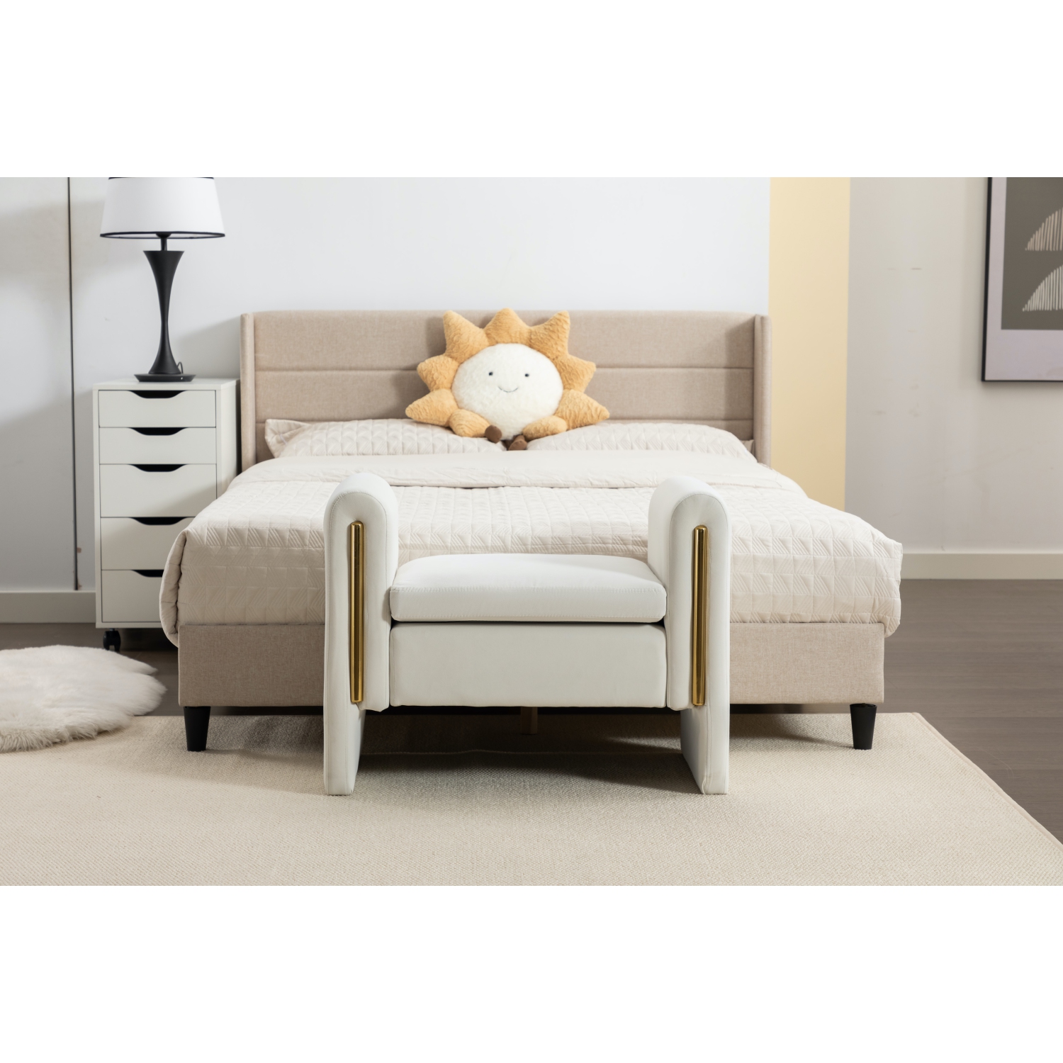 KOSSMAI 33" Velvet Fabric Bench Ottoman For Living Room Entry Bedroom - Ivory