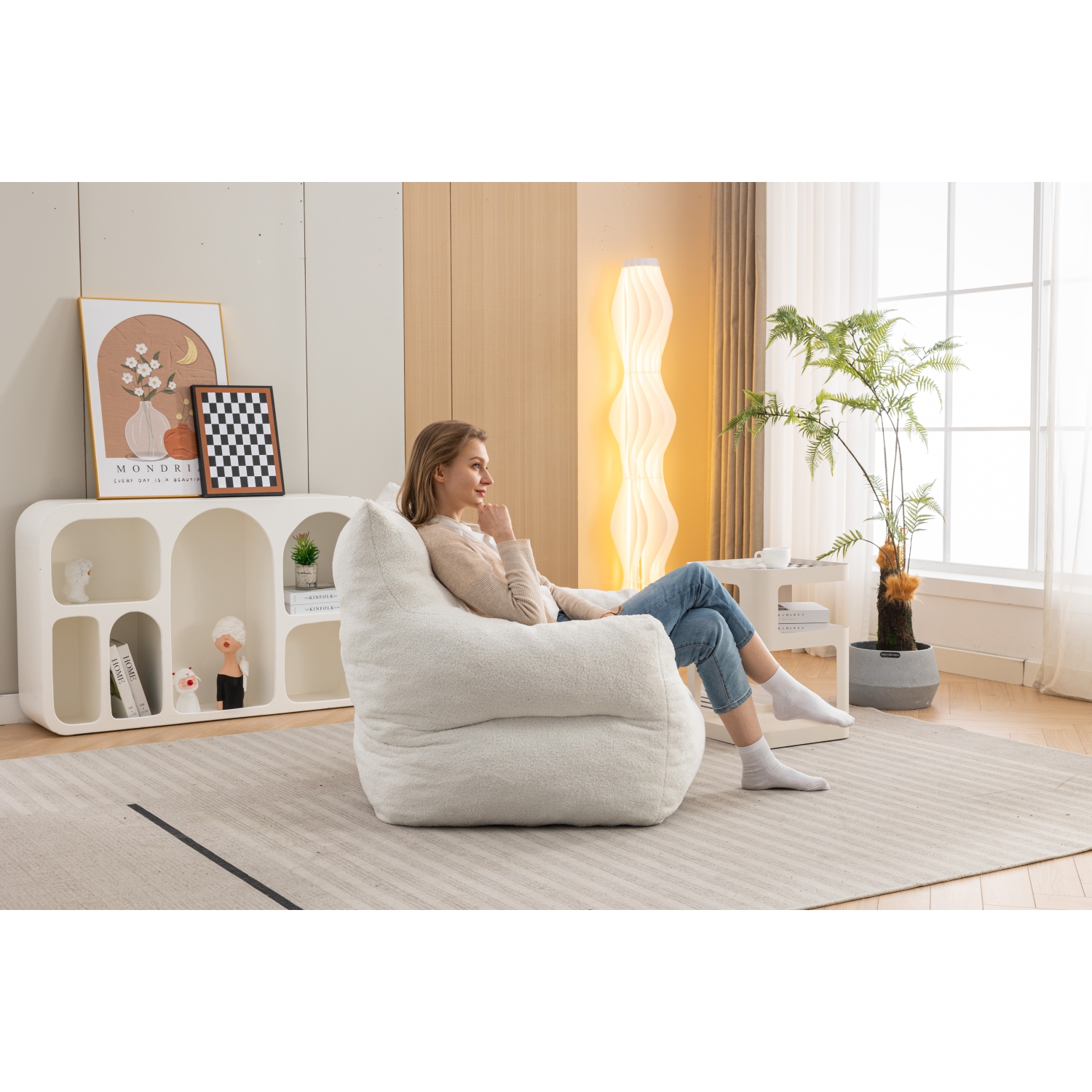 KOSSMAI Teddy Fabric Bean Bag Chair with Memory Foam for Living Room Bed Room - Ivory