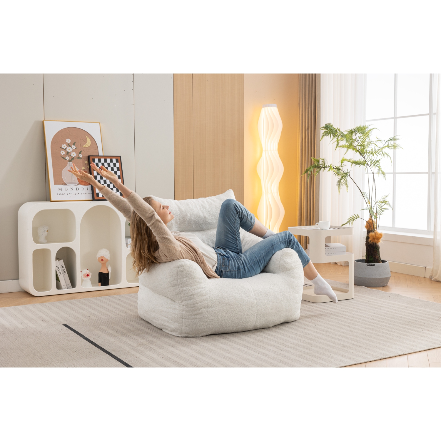 KOSSMAI Teddy Fabric Bean Bag Chair with Memory Foam for Living Room Bed Room - Ivory