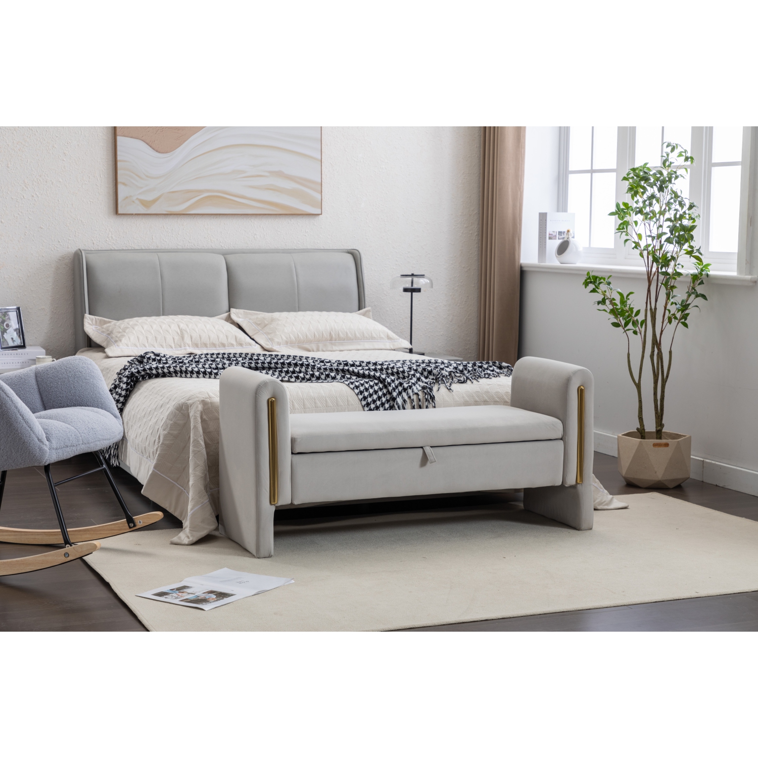 KOSSMAI 53" Velvet Fabric Storage Bench Ottoman For Living Room Entry Bedroom Light - Grey