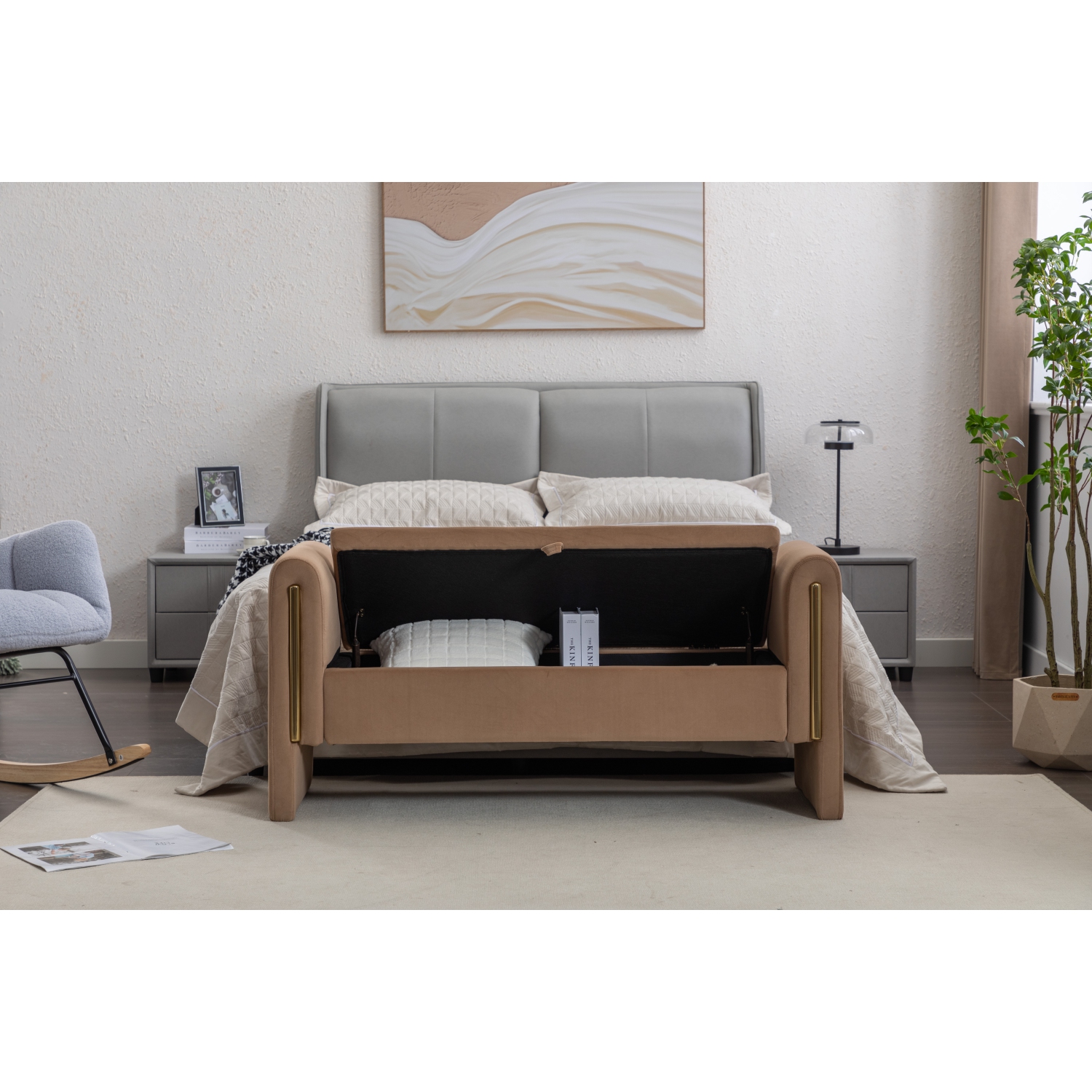 Banc de rangement en velours de 53 po de KOSMAI pour chambre d'entrée de salon - Brun