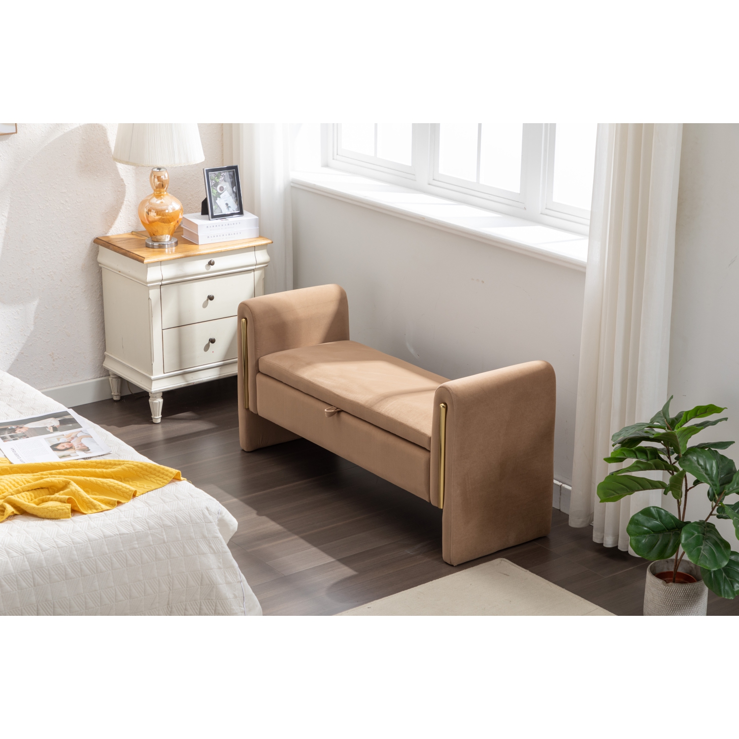 Banc de rangement en velours de 53 po de KOSMAI pour chambre d'entrée de salon - Brun