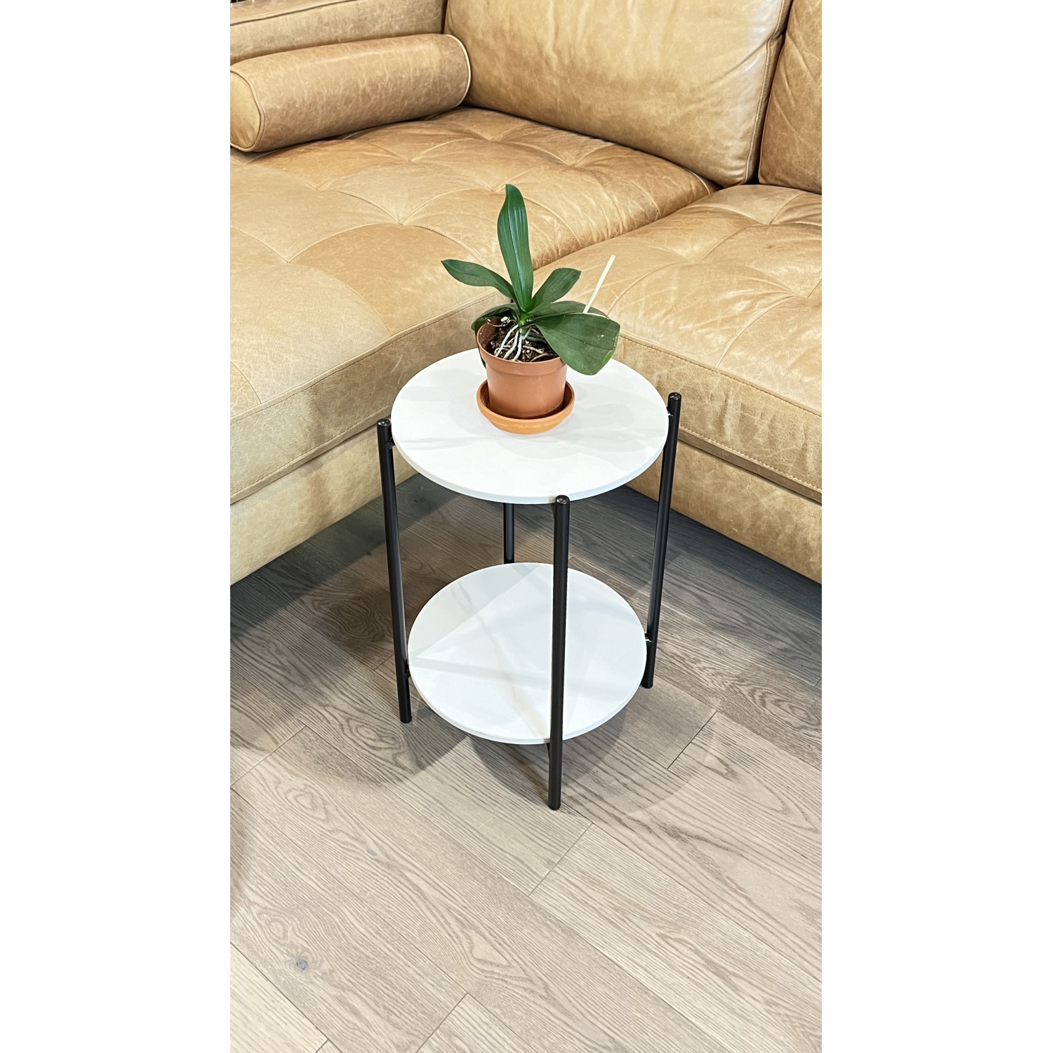 KOSSMAI Round 2-Layer Stone End Side Coffee Table with Metal Legs for Living Room Bed Room Entry Sofa - White/Black