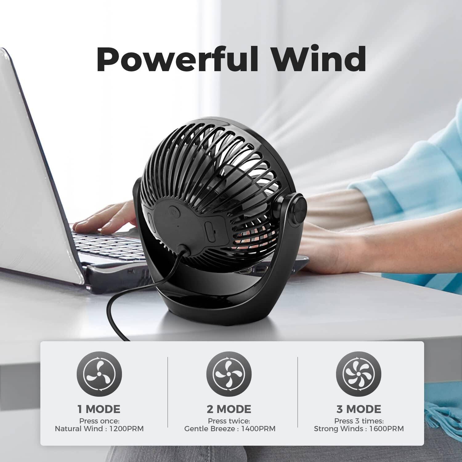 Small USB Desk Fan Table Fan 5'' with Strong Airflow, Portable Cooling Mini Fan 3 Speed, 360°Rotatable Head for Office Home Desktop, Black