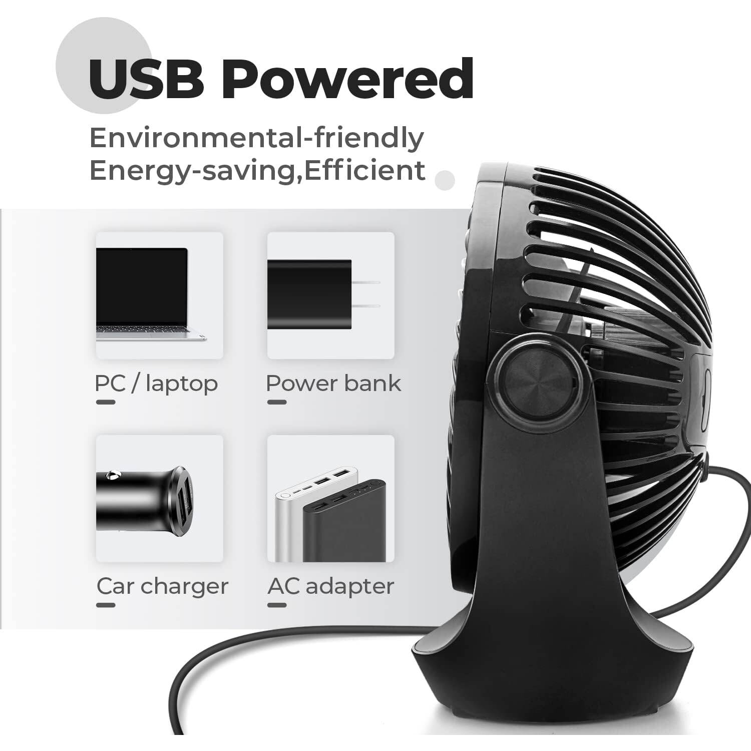 Small USB Desk Fan Table Fan 5'' with Strong Airflow, Portable Cooling Mini Fan 3 Speed, 360°Rotatable Head for Office Home Desktop, Black