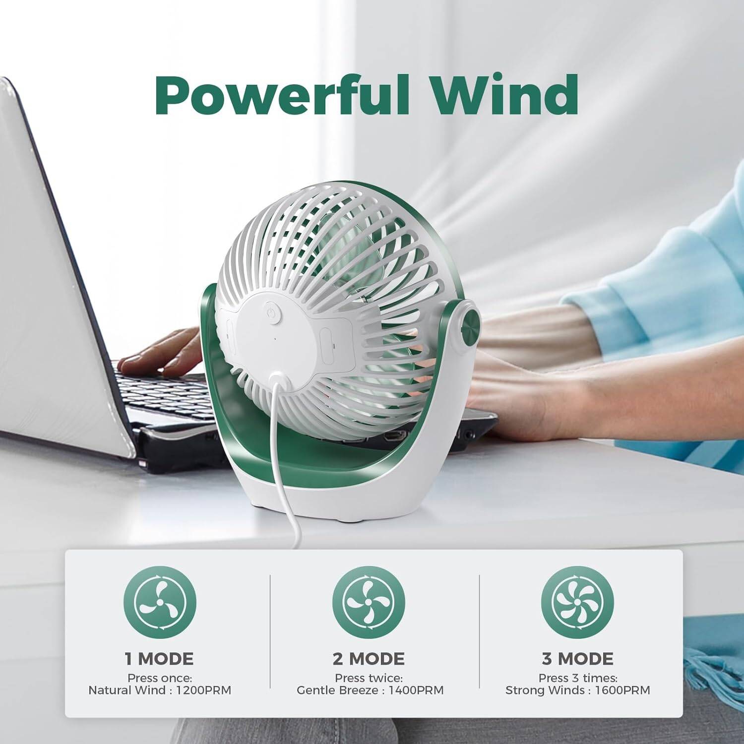 Small USB Desk Fan Table Fan 5'' with Strong Airflow, Portable Cooling Mini Fan 3 Speed, 360°Rotatable Head for Office Home Desktop, Green