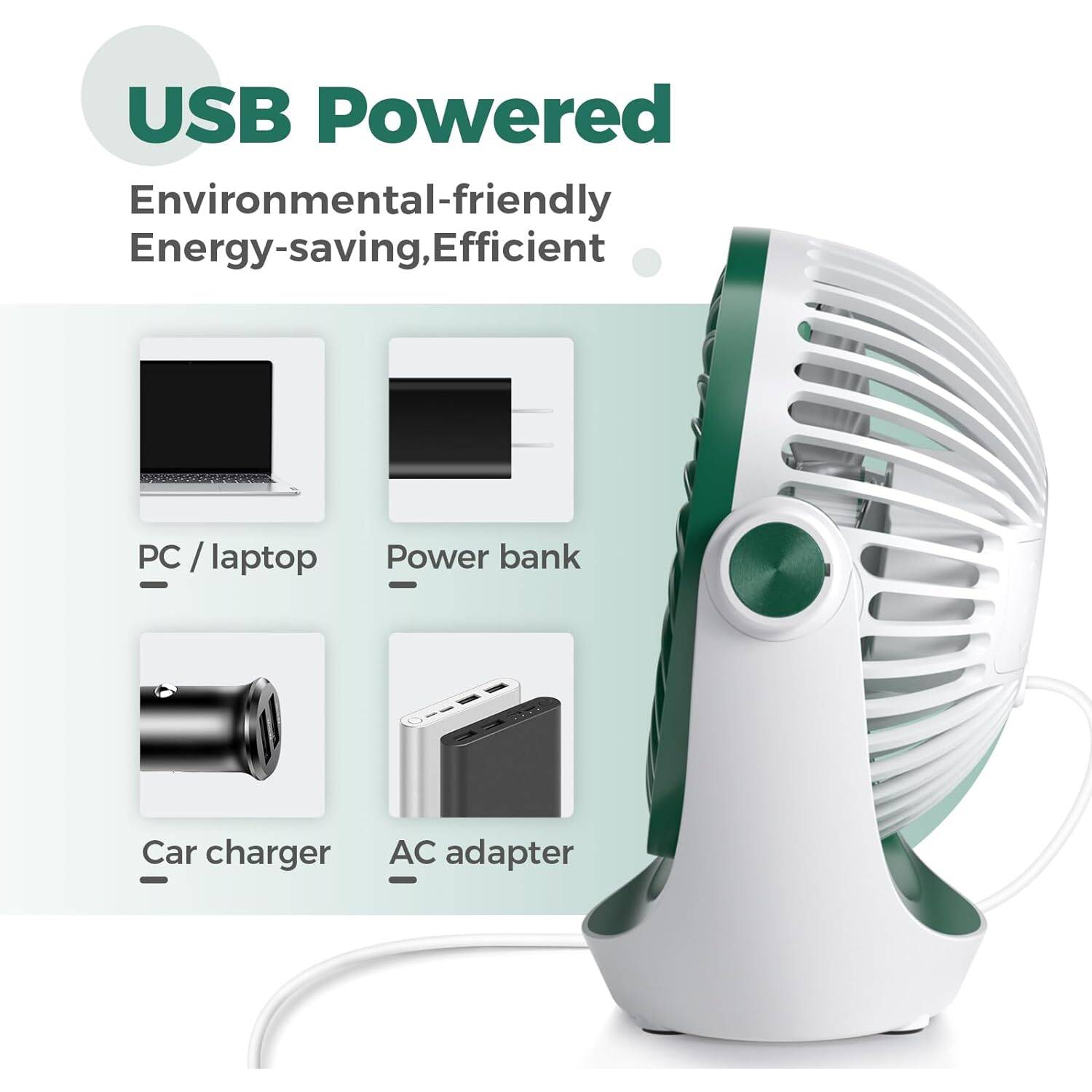Small USB Desk Fan Table Fan 5'' with Strong Airflow, Portable Cooling Mini Fan 3 Speed, 360°Rotatable Head for Office Home Desktop, Green