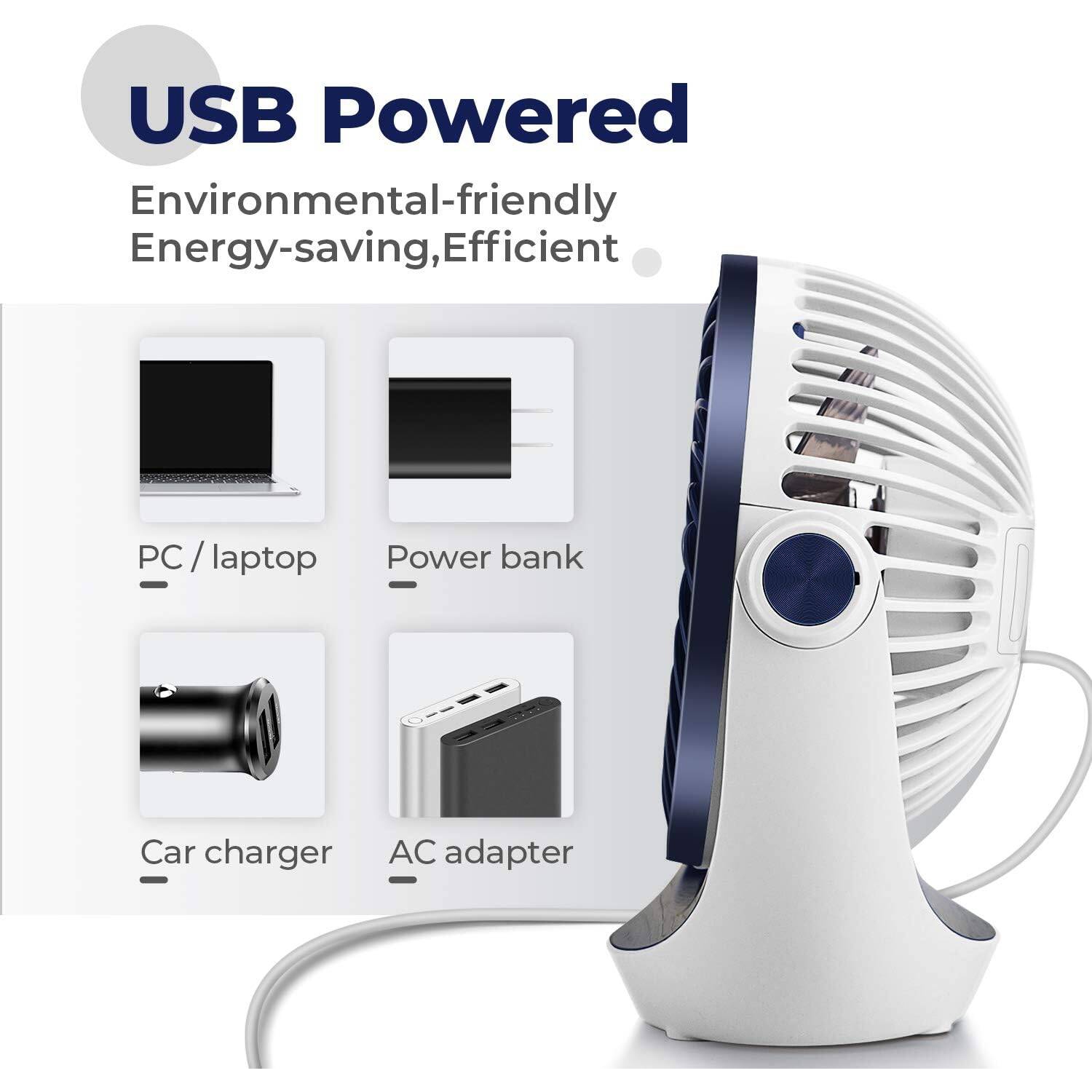 Small USB Desk Fan Table Fan 5'' with Strong Airflow, Portable Cooling Mini Fan 3 Speed, 360°Rotatable Head for Office Home Desktop, Blue