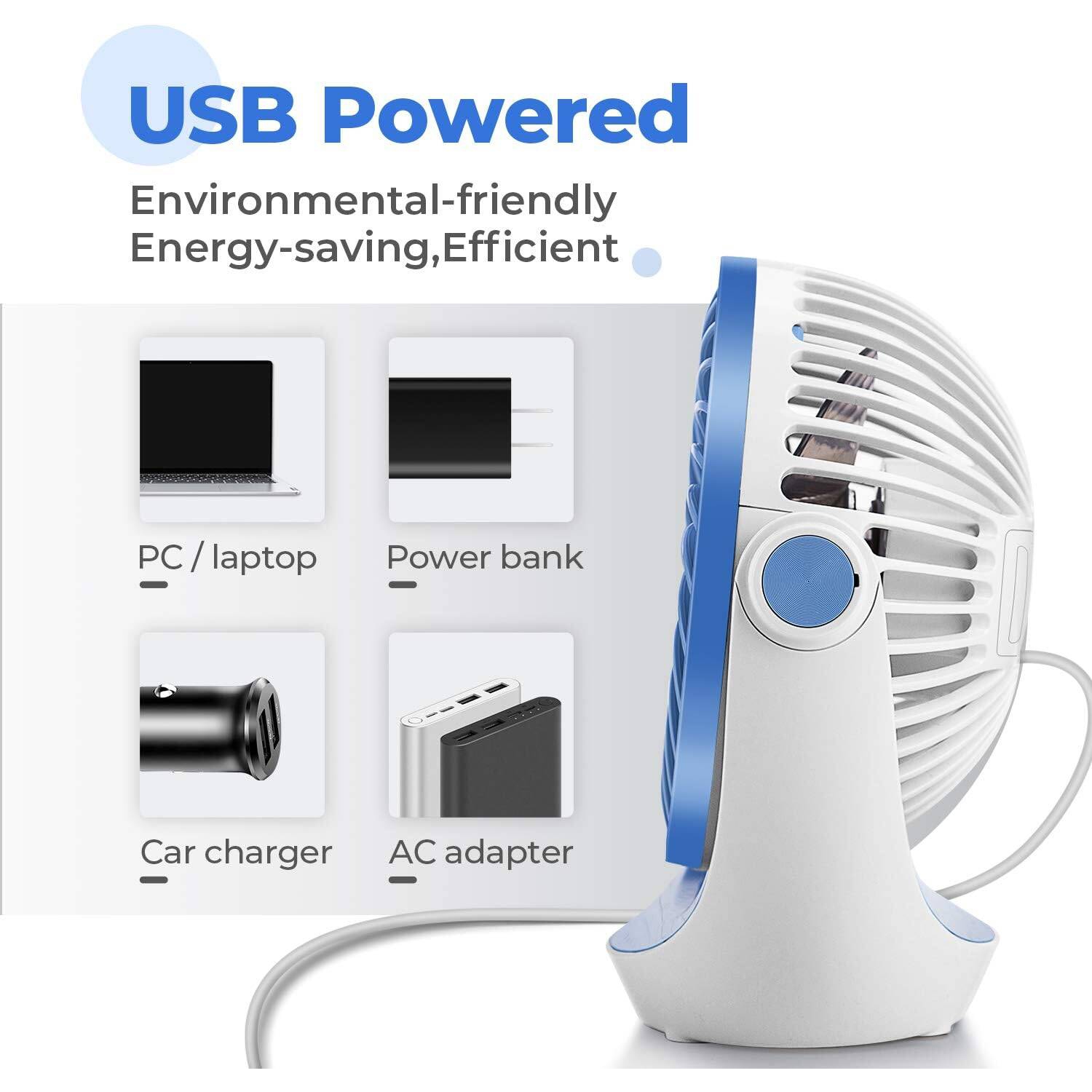 Small USB Desk Fan Table Fan 5'' with Strong Airflow, Portable Cooling Mini Fan 3 Speed, 360°Rotatable Head for Office Home Desktop, Sky Blue