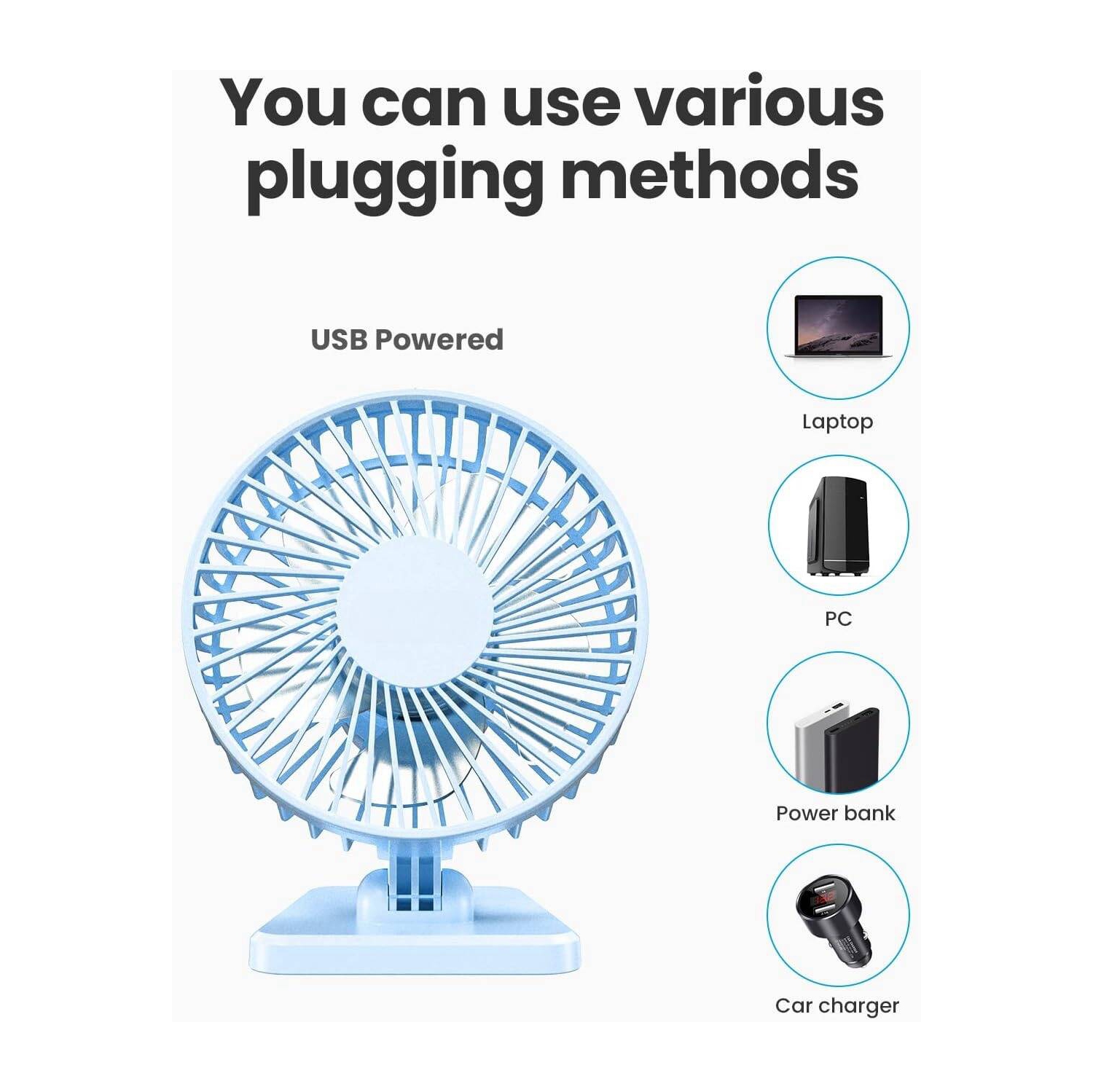 USB Desk Fan, Portable Quiet 3 Speeds Wind Desktop Personal Fan, Adjustment Mini Fan Table Fan for Better Cooling, Office Home Indoor Outdoor, Light
