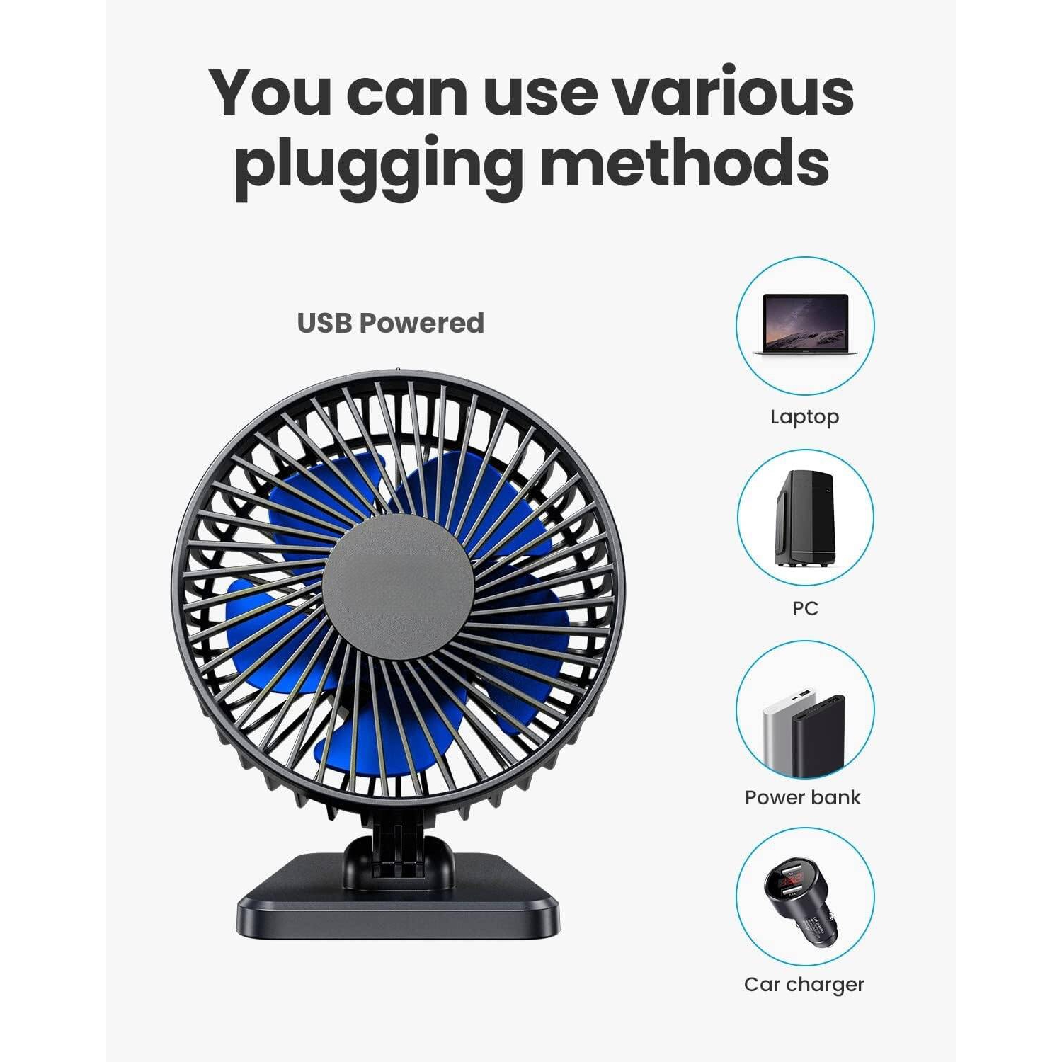 USB Desk Fan, Portable Quiet 3 Speeds Wind Desktop Personal Fan, Adjustment Mini Fan Table Fan for Better Cooling, Office Home Indoor Outdoor, Blue