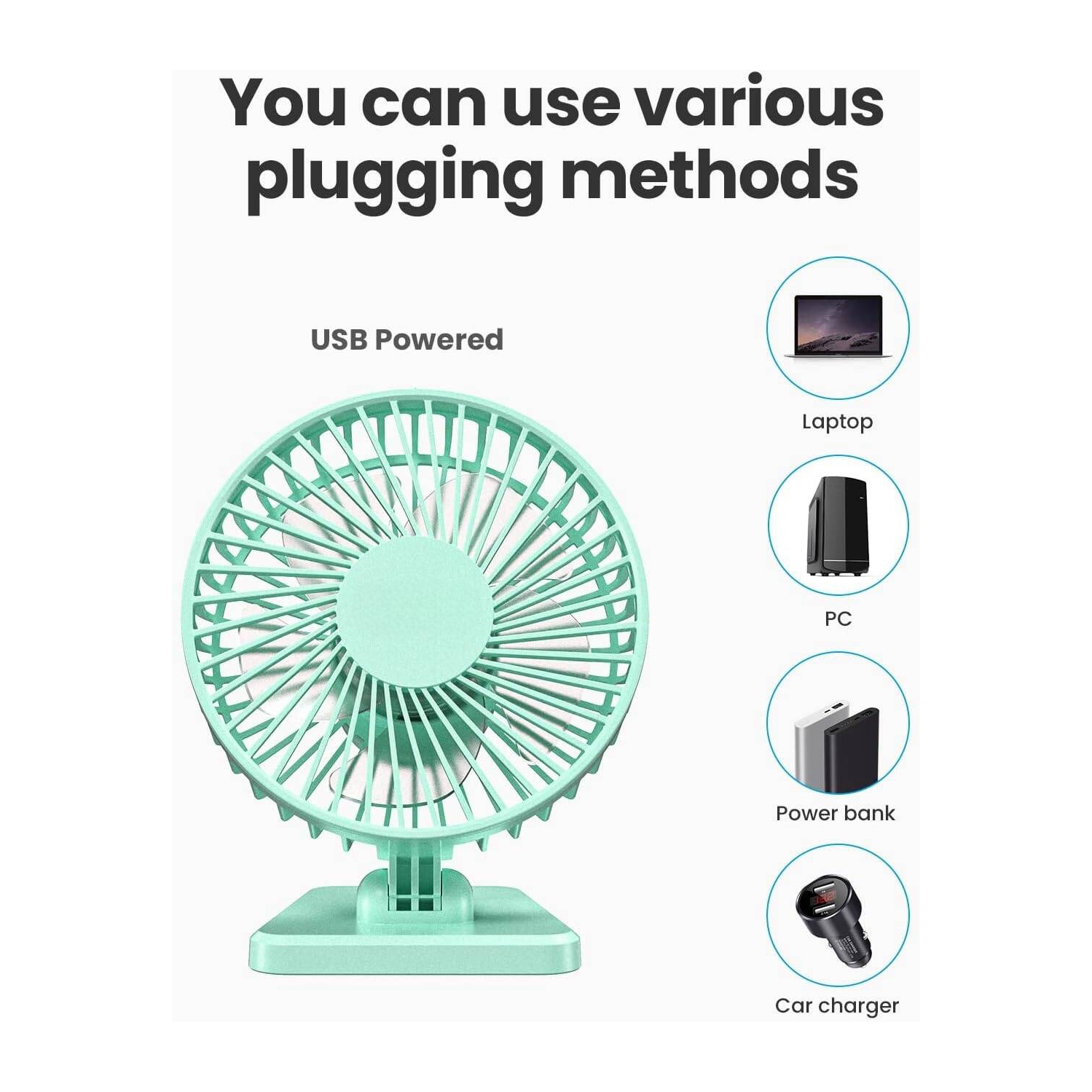 USB Desk Fan, Portable Quiet 3 Speeds Wind Desktop Personal Fan, Adjustment Mini Fan Table Fan for Better Cooling, Office Home Indoor Outdoor, Green