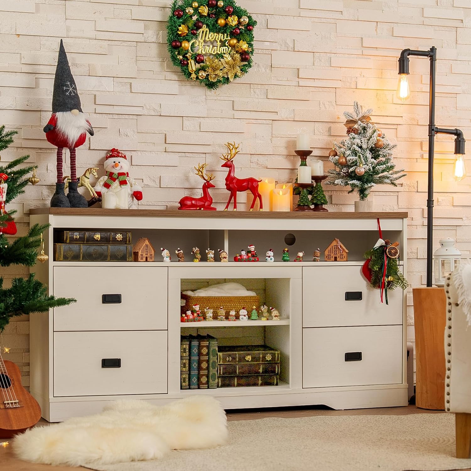 WAMPAT Farmhouse TV Stand for TVs Up to 65 Inch, Wood Entertainment Center with 4 Drawers and Adjustable Shelf, 59" Media Console with Open Storage