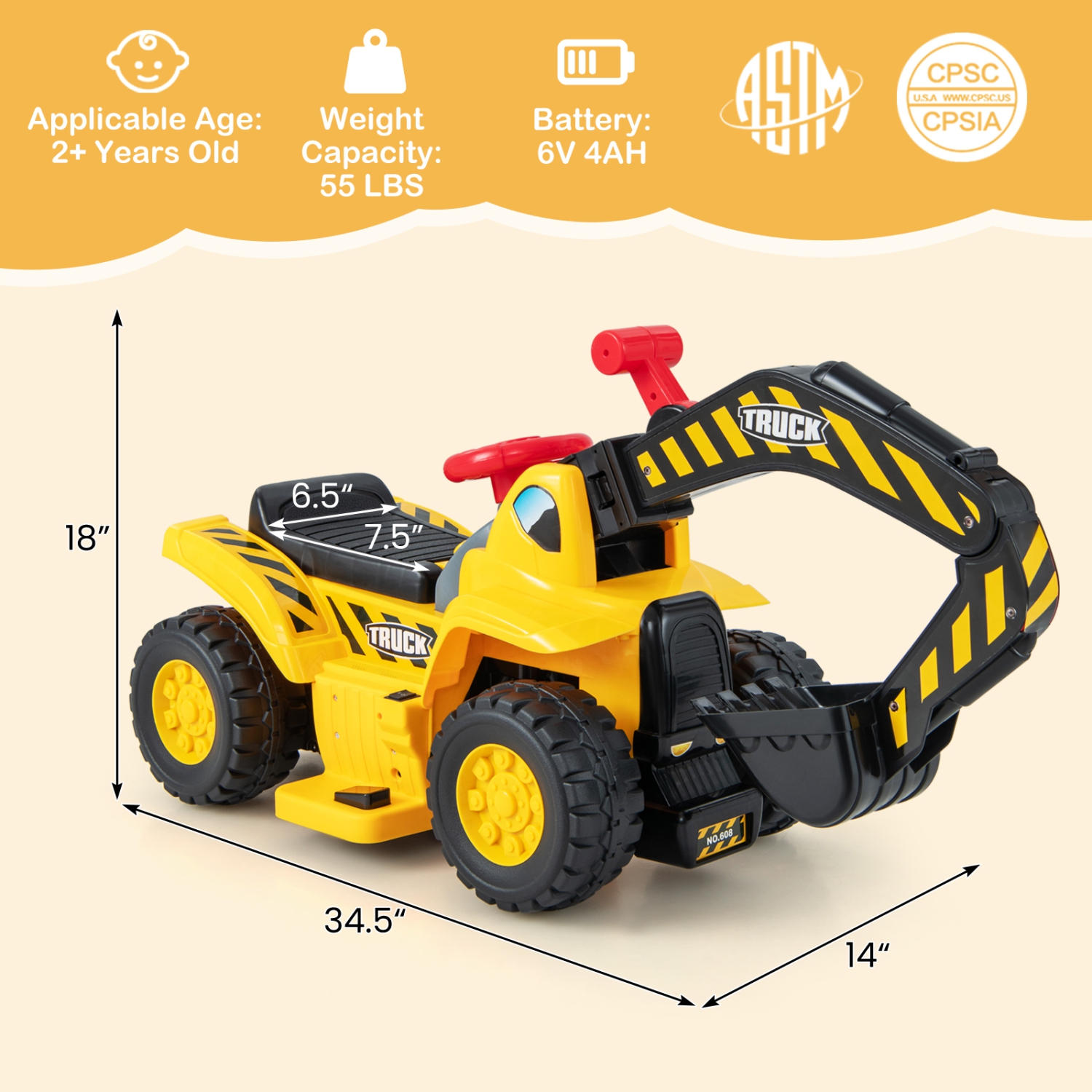 Costway 6V Electric Kids Ride On Excavator Pretend Play Toy Tractor w/ Basketball Hoop