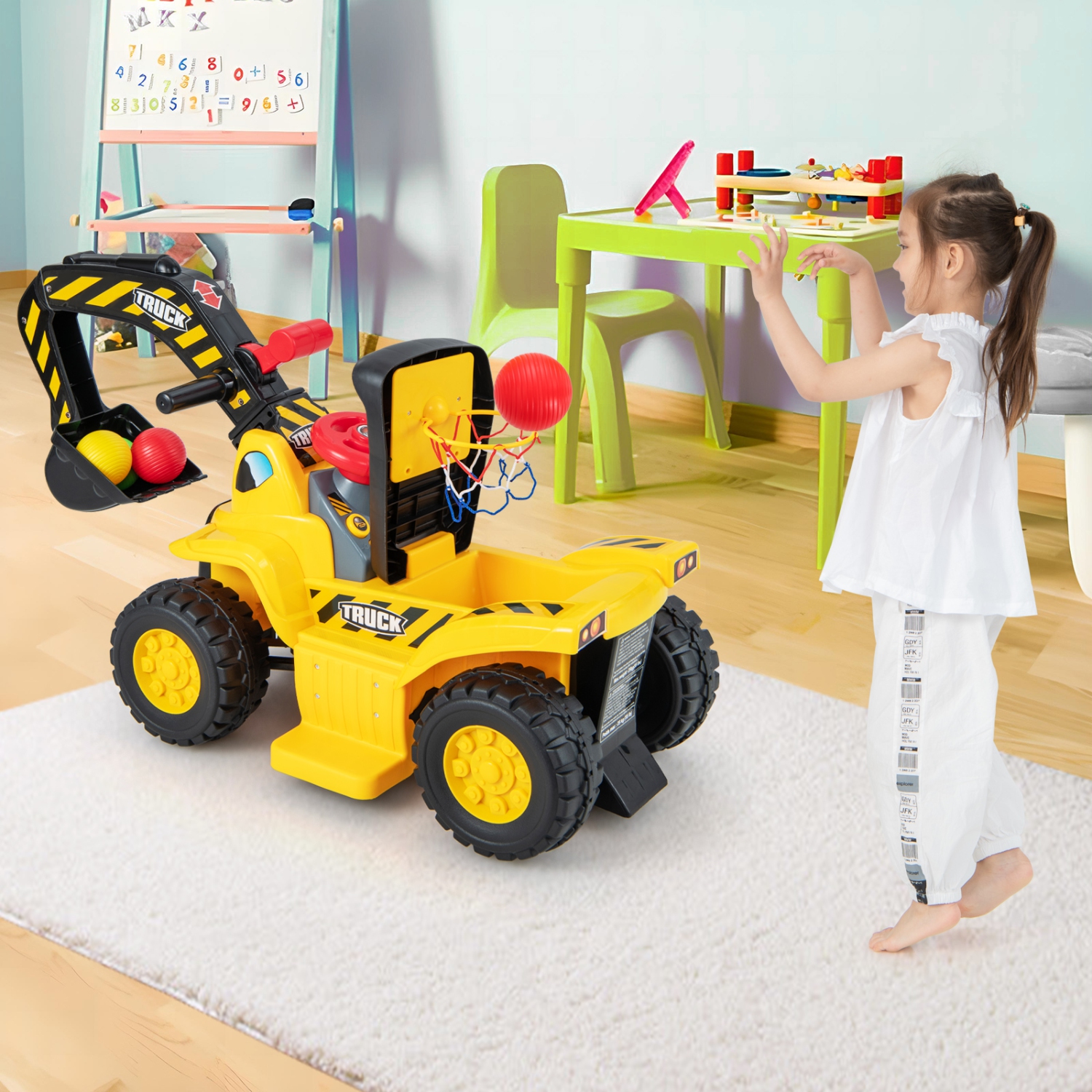 Costway 6V Electric Kids Ride On Excavator Pretend Play Toy Tractor w/ Basketball Hoop