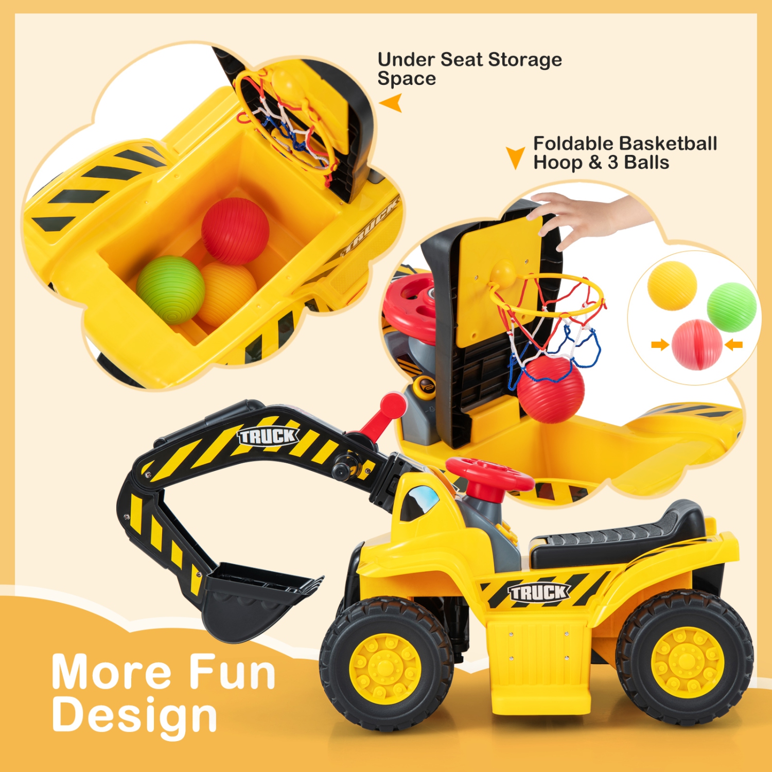 Costway 6V Electric Kids Ride On Excavator Pretend Play Toy Tractor w/ Basketball Hoop