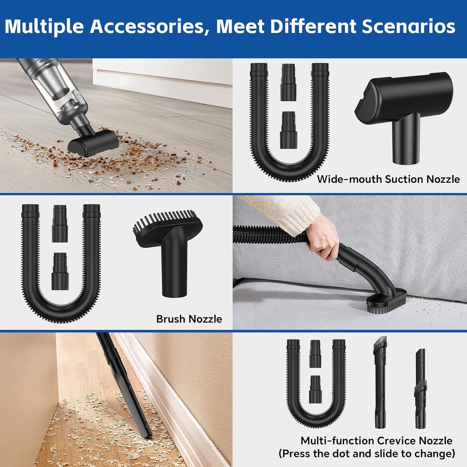 NIERBO Handheld Vacuum Cordless, Car Vacuum Portable Rechargeable 9500PA, with LED Light Multi Accessories Storage Bag, Silver