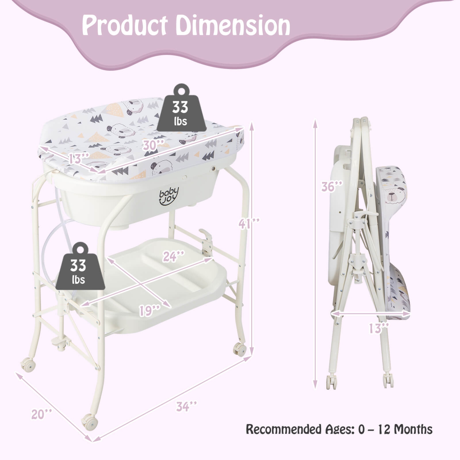 Table à langer avec baignoire repliable et station à couches portative avec roulettes de Babyjoy Baby
