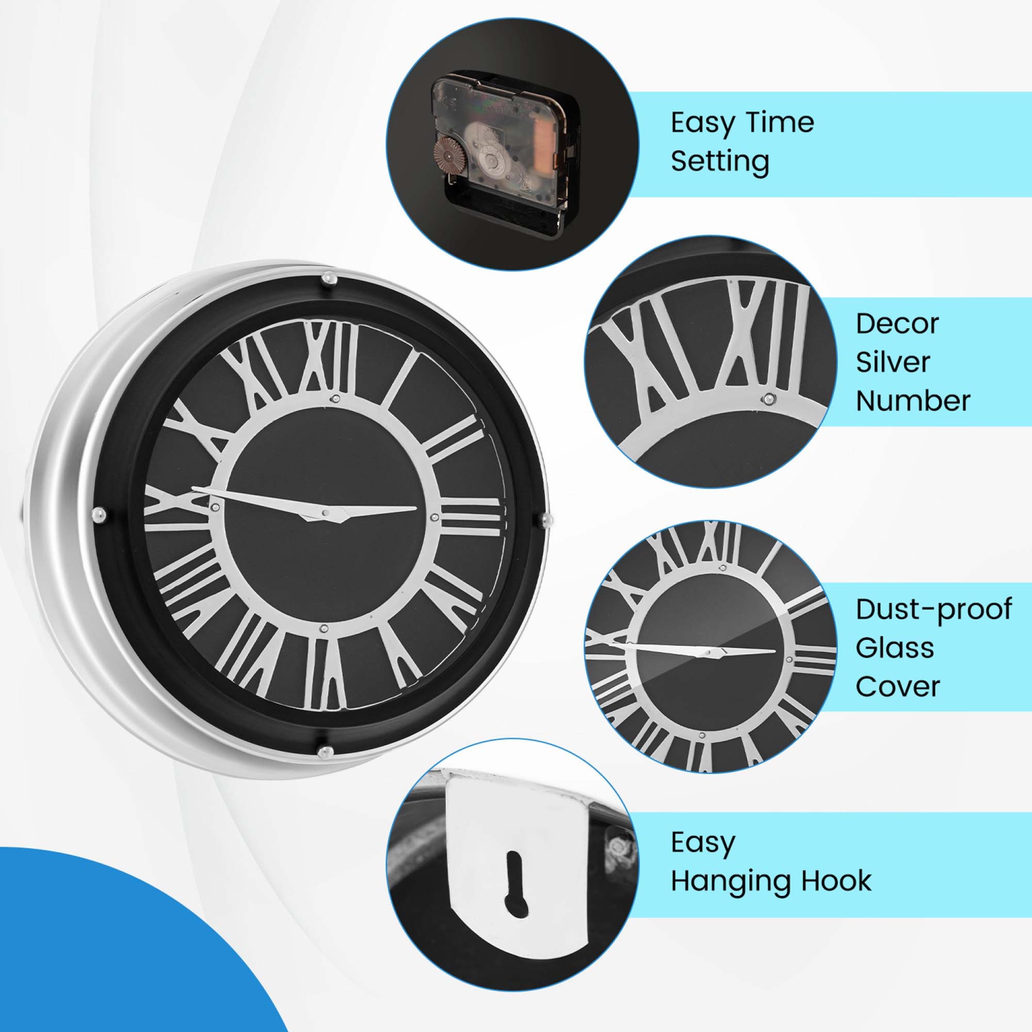 Costway 17.5 Inch Silent Wall Clock with Silver Frame Silver Roman Number Glass Cover