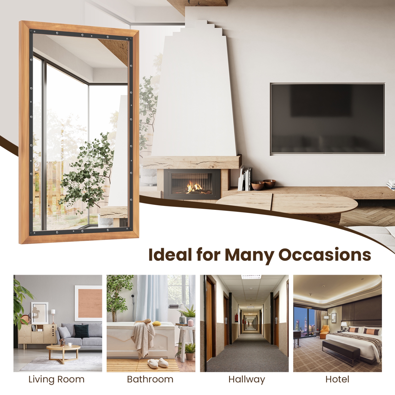 Costway 22" x 36" Rectangular Wall Mount Hanging Mirror Wood Framed Farmhouse Decor