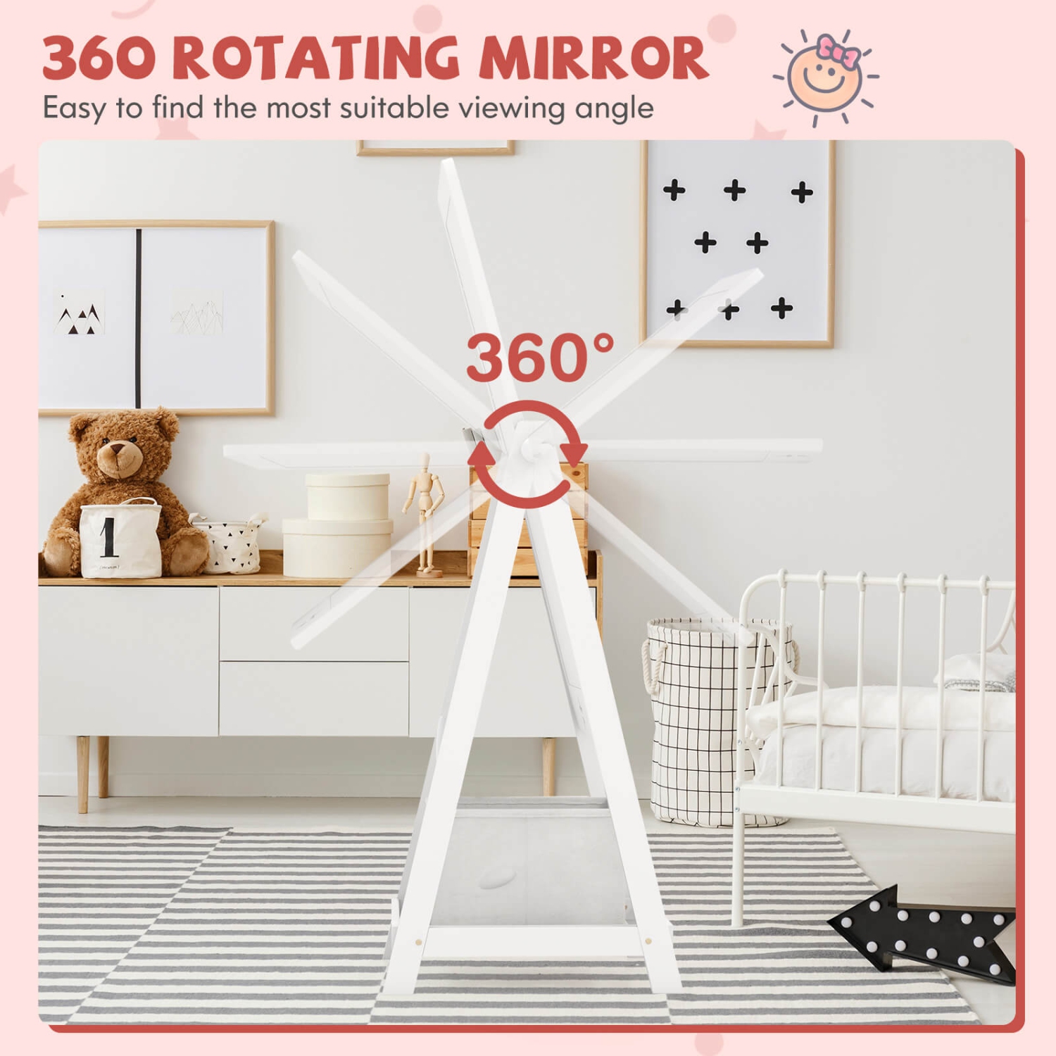 Costway Kids Full Length Mirror 360° Rotatable Freestanding Dressing Mirror with Storage Bin White