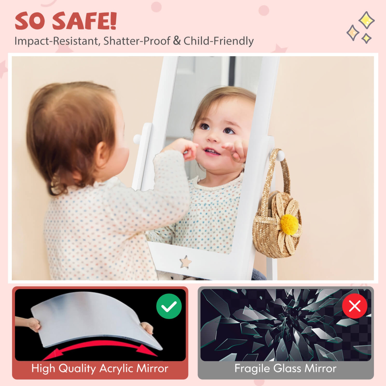 Costway Kids Full Length Mirror 360° Rotatable Freestanding Dressing Mirror with Storage Bin White