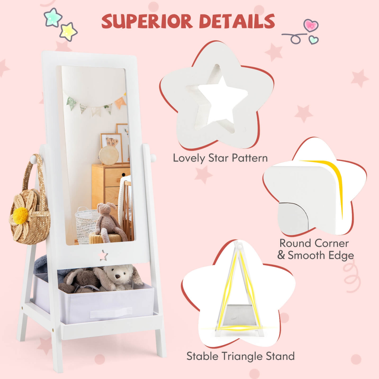 Costway Kids Full Length Mirror 360° Rotatable Freestanding Dressing Mirror with Storage Bin White