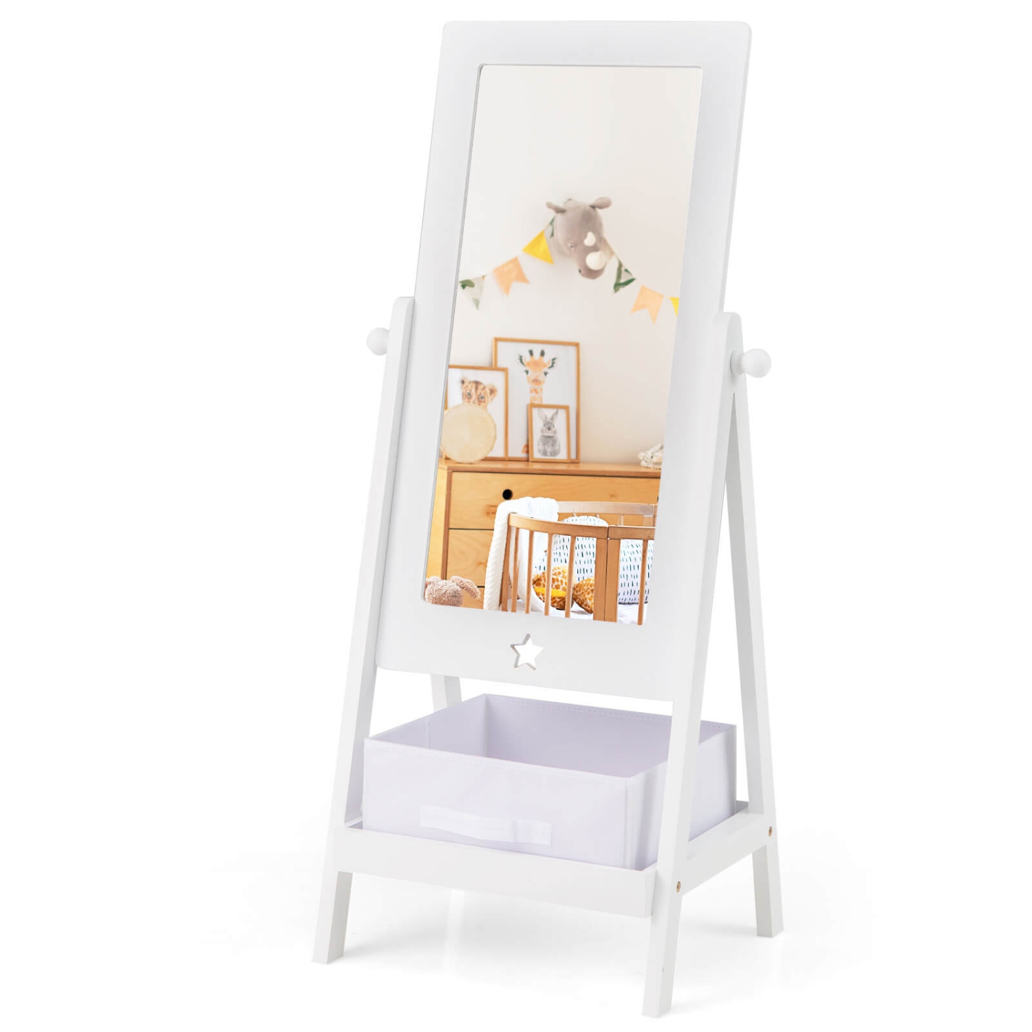 Costway Kids Full Length Mirror 360° Rotatable Freestanding Dressing Mirror with Storage Bin White
