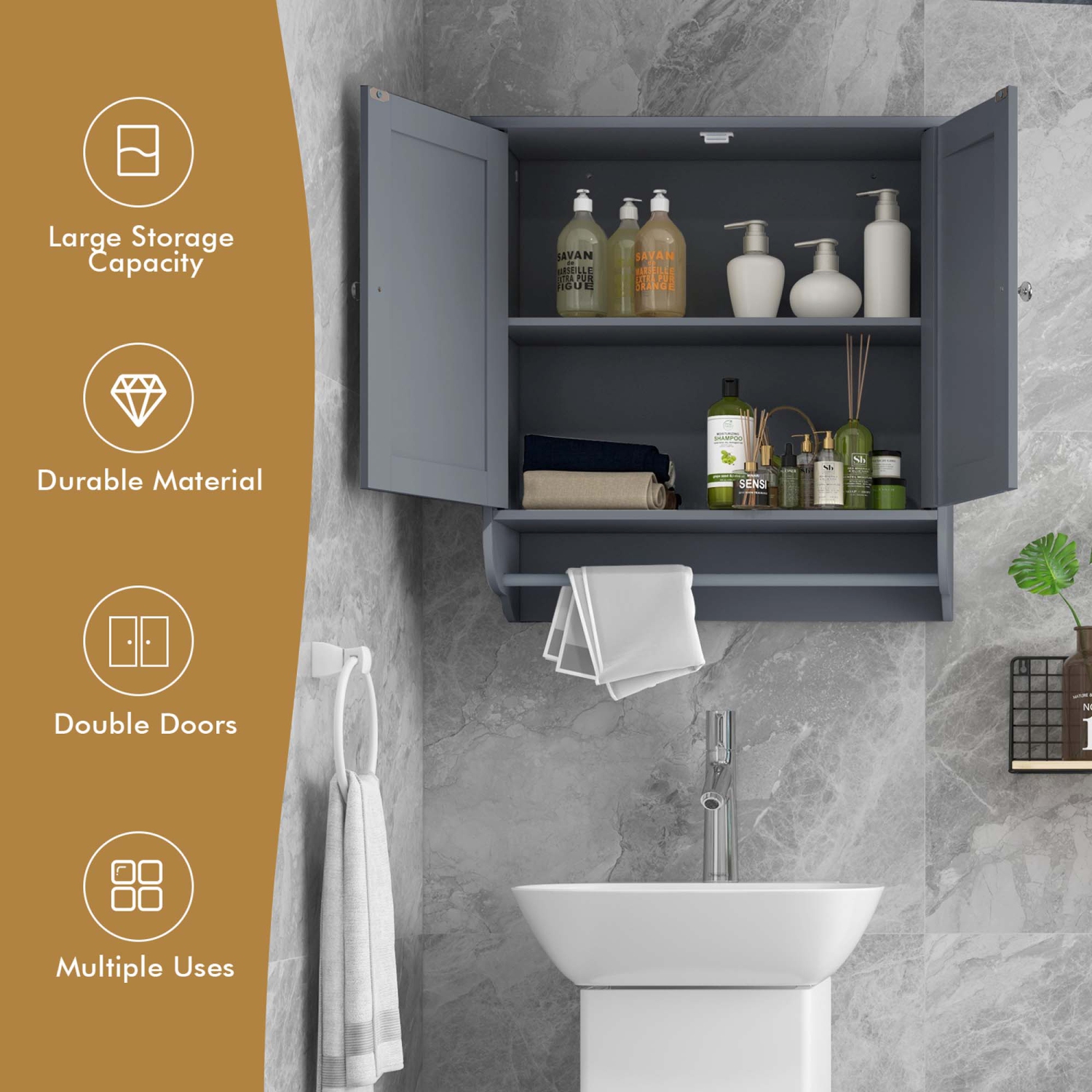 Armoire de rangement murale pour salle de bain de Costway avec porte-serviette brun/gris
