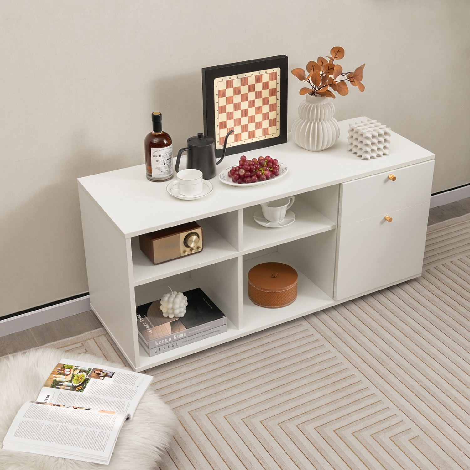 Costway Storage Cabinet with 2 Drawers 4 Cubes Adjustable Feet Floor Display Cabinet White