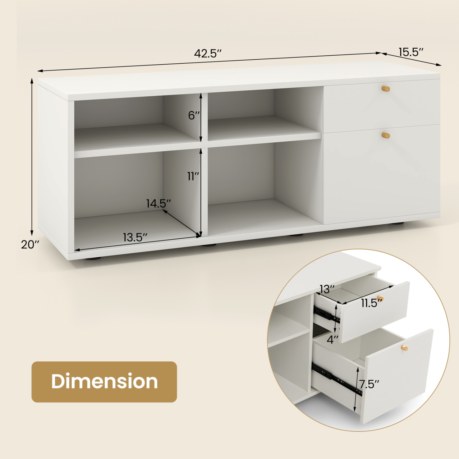 Costway Storage Cabinet with 2 Drawers 4 Cubes Adjustable Feet Floor Display Cabinet White