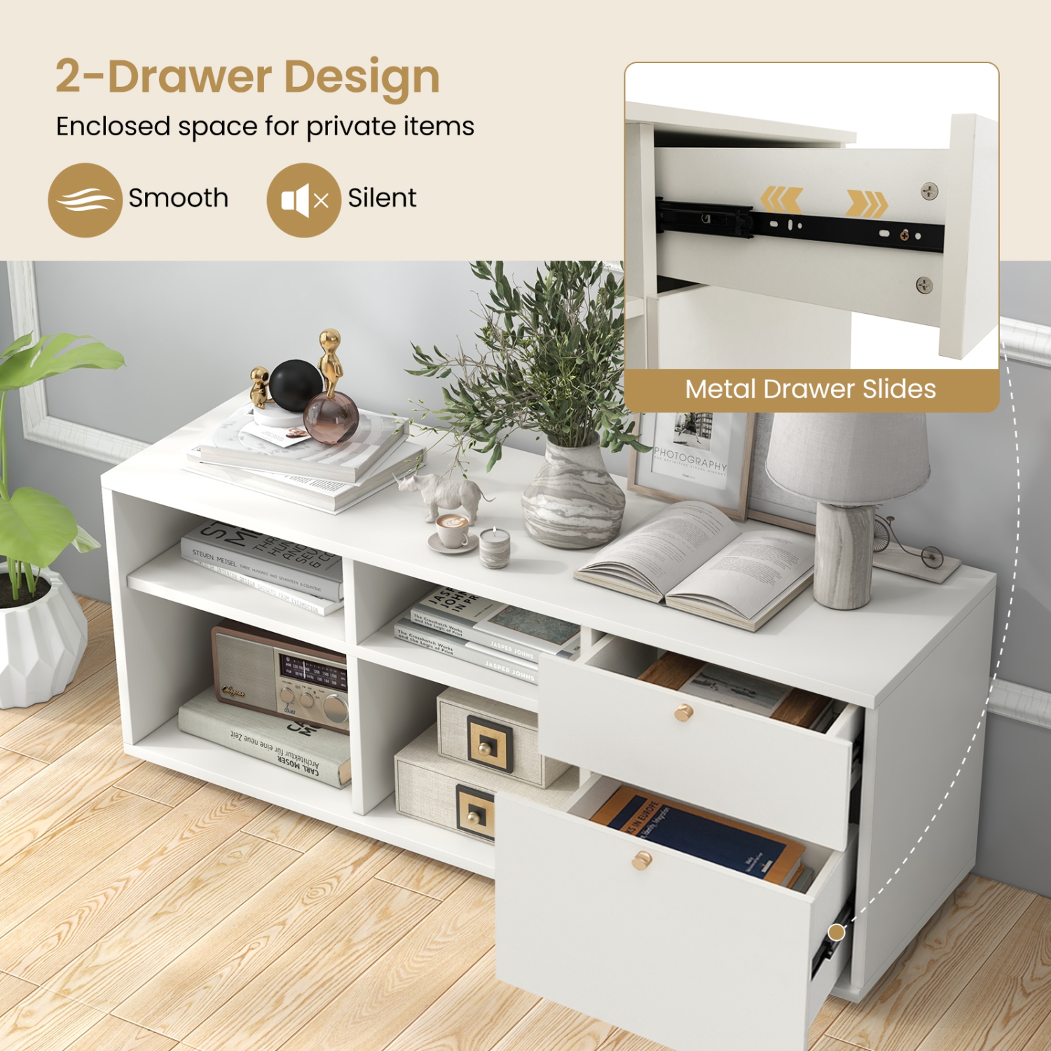 Costway Storage Cabinet with 2 Drawers 4 Cubes Adjustable Feet Floor Display Cabinet White