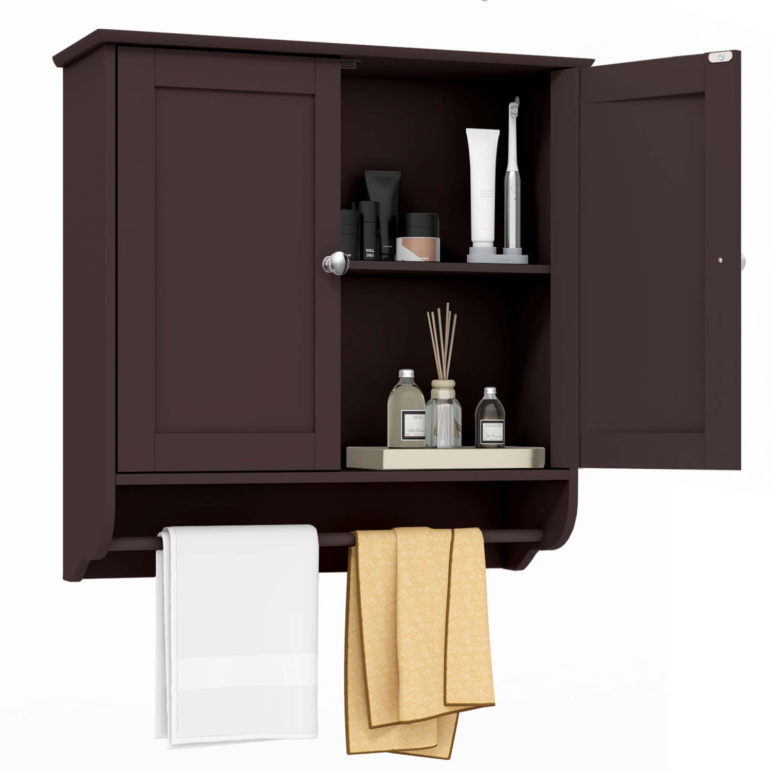 Costway Wall Mounted Bathroom Medicine Cabinet Storage Cupboard with Towel Bar Brown/Grey