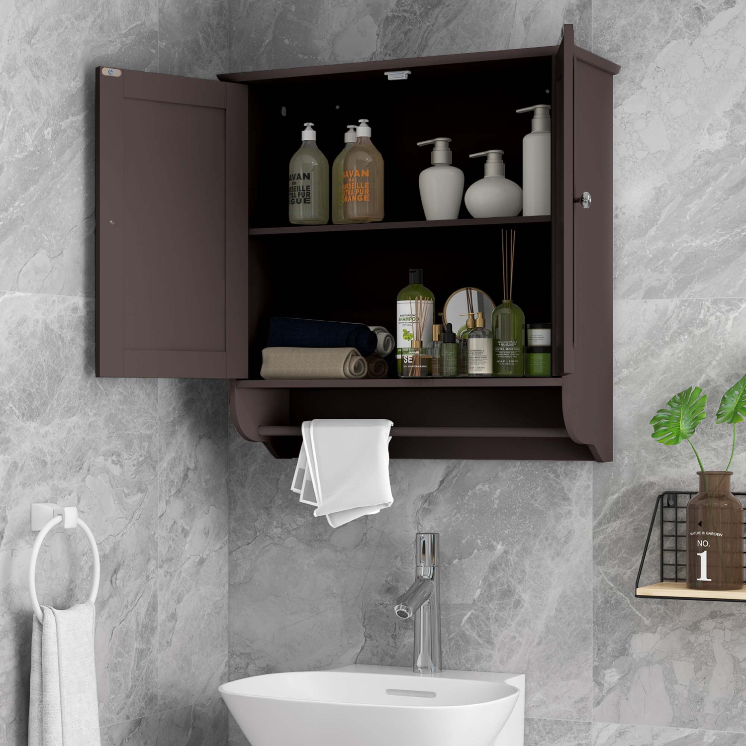 Costway Wall Mounted Bathroom Medicine Cabinet Storage Cupboard with Towel Bar Brown/Grey