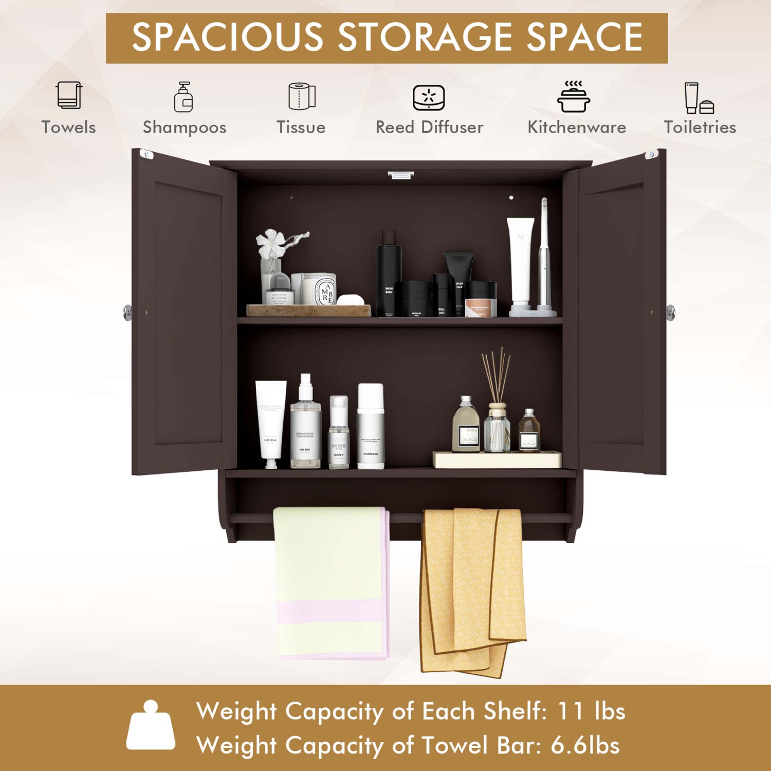 Costway Wall Mounted Bathroom Medicine Cabinet Storage Cupboard with Towel Bar Brown/Grey