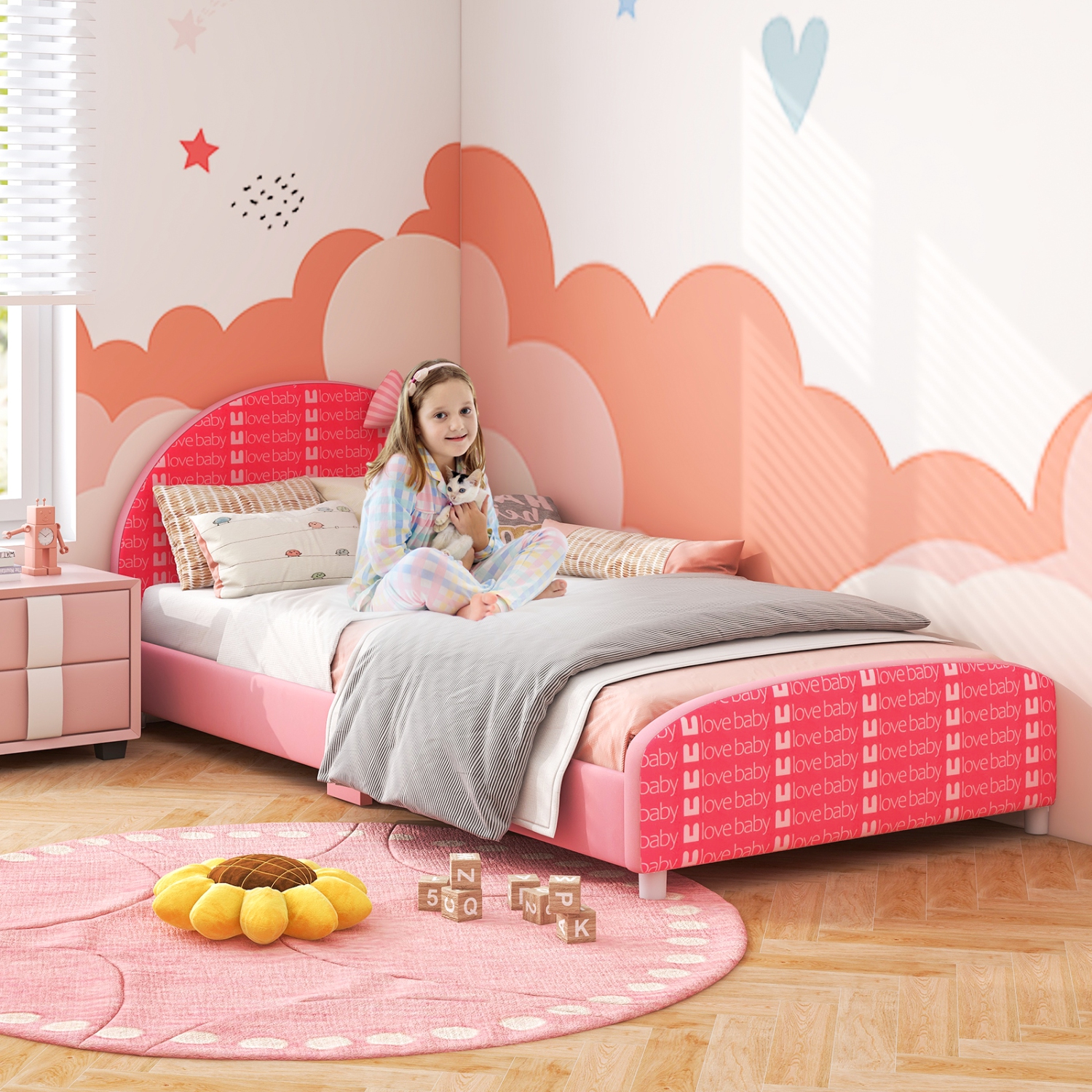 Honeyjoy Children – lit simple plateforme recouvert, tête et pied de lit, rose, pour lit simple